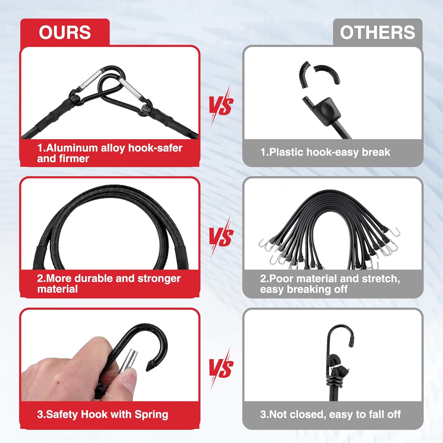Black bungee cords set with metal hooks, elastic rope, 4-pack for cargo and storage