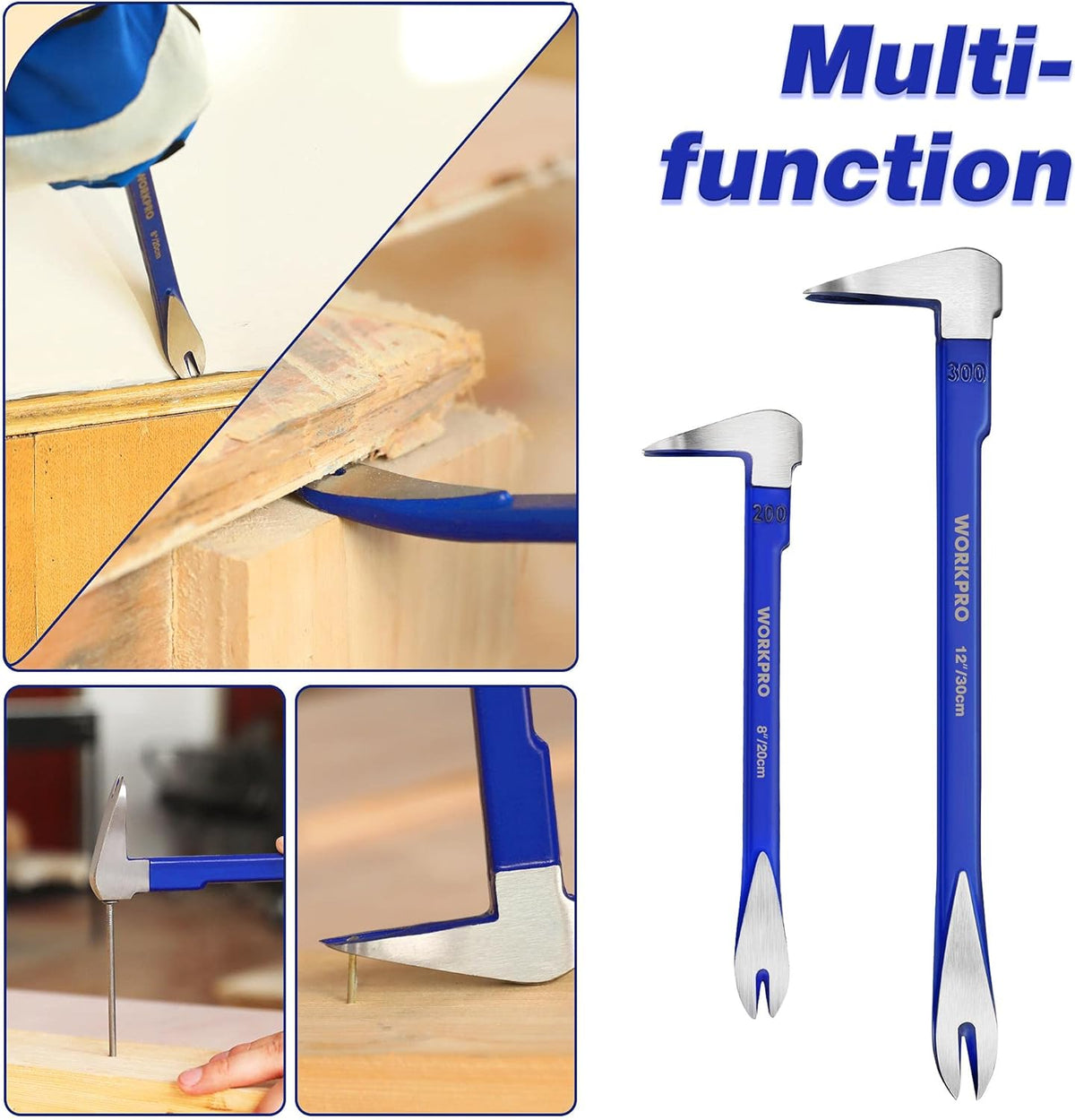 Two blue-handled WORKPRO nail pullers with hooked claws for pulling and prying