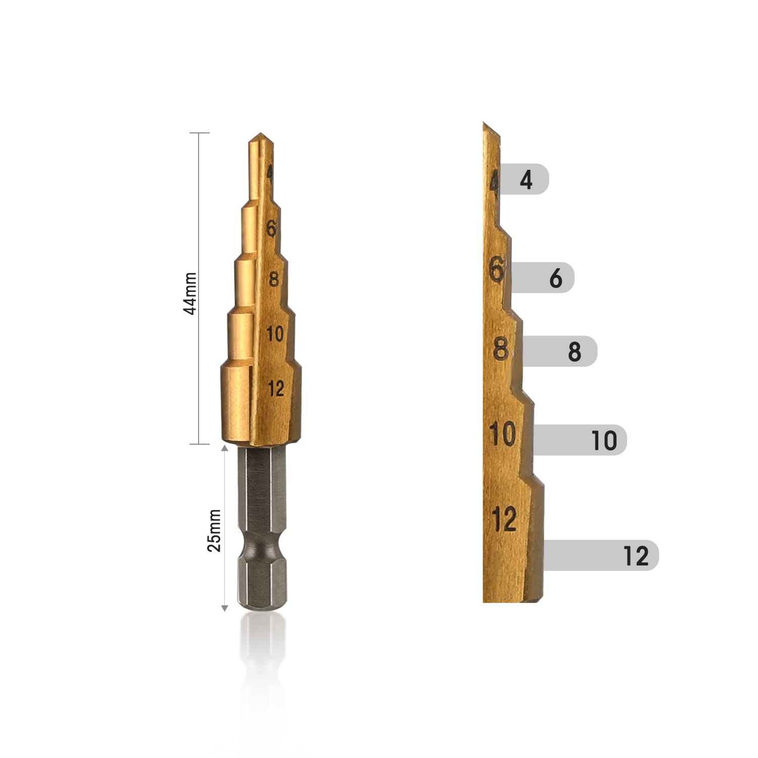 Gold step drill bits showing different marked steps and 1/4 in hex shanks