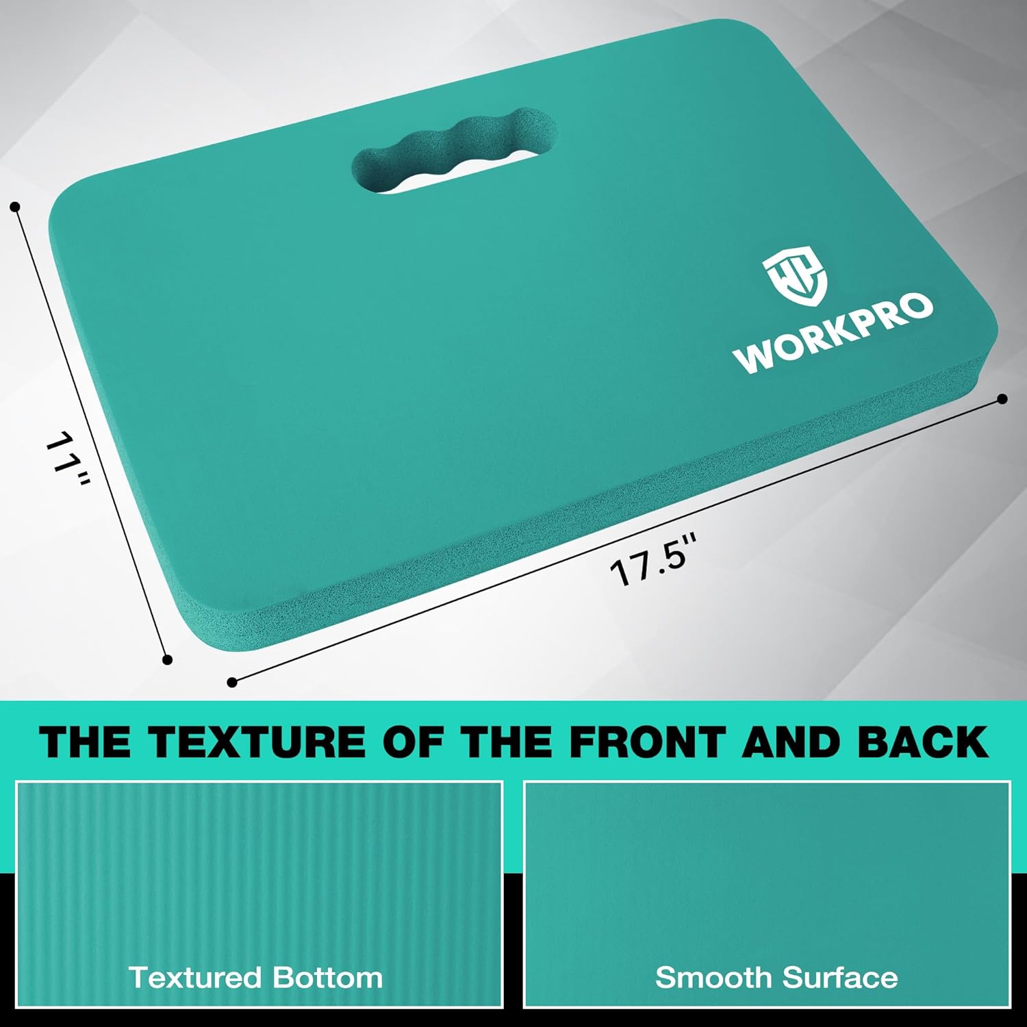 Teal kneeling pad in retail packaging, with handle and size markings.