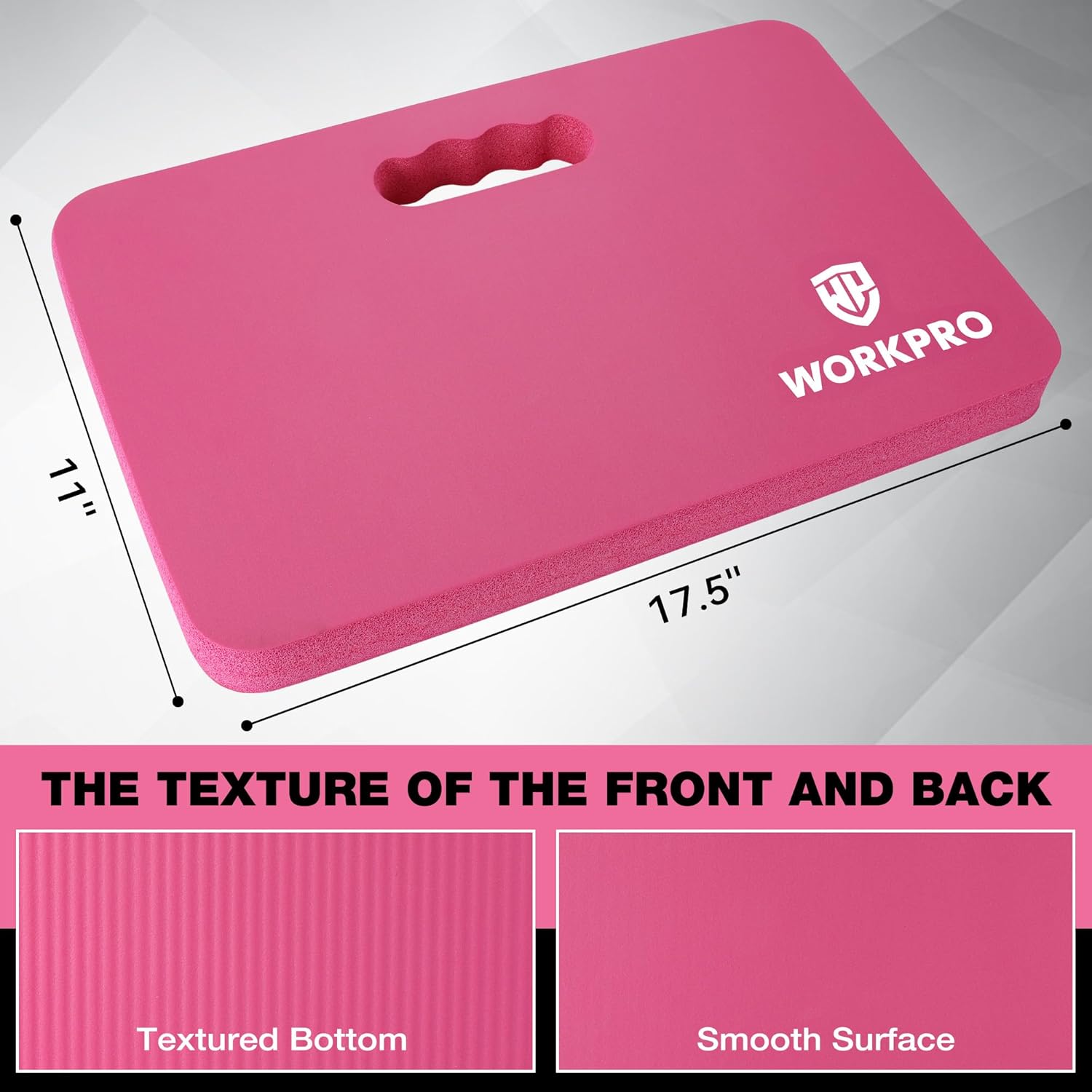 Extra thick foam kneeling pad in pink, front handle cutout and smooth surface
