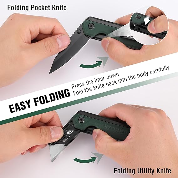 Green folding utility knife in hands, showing open blade and liner lock