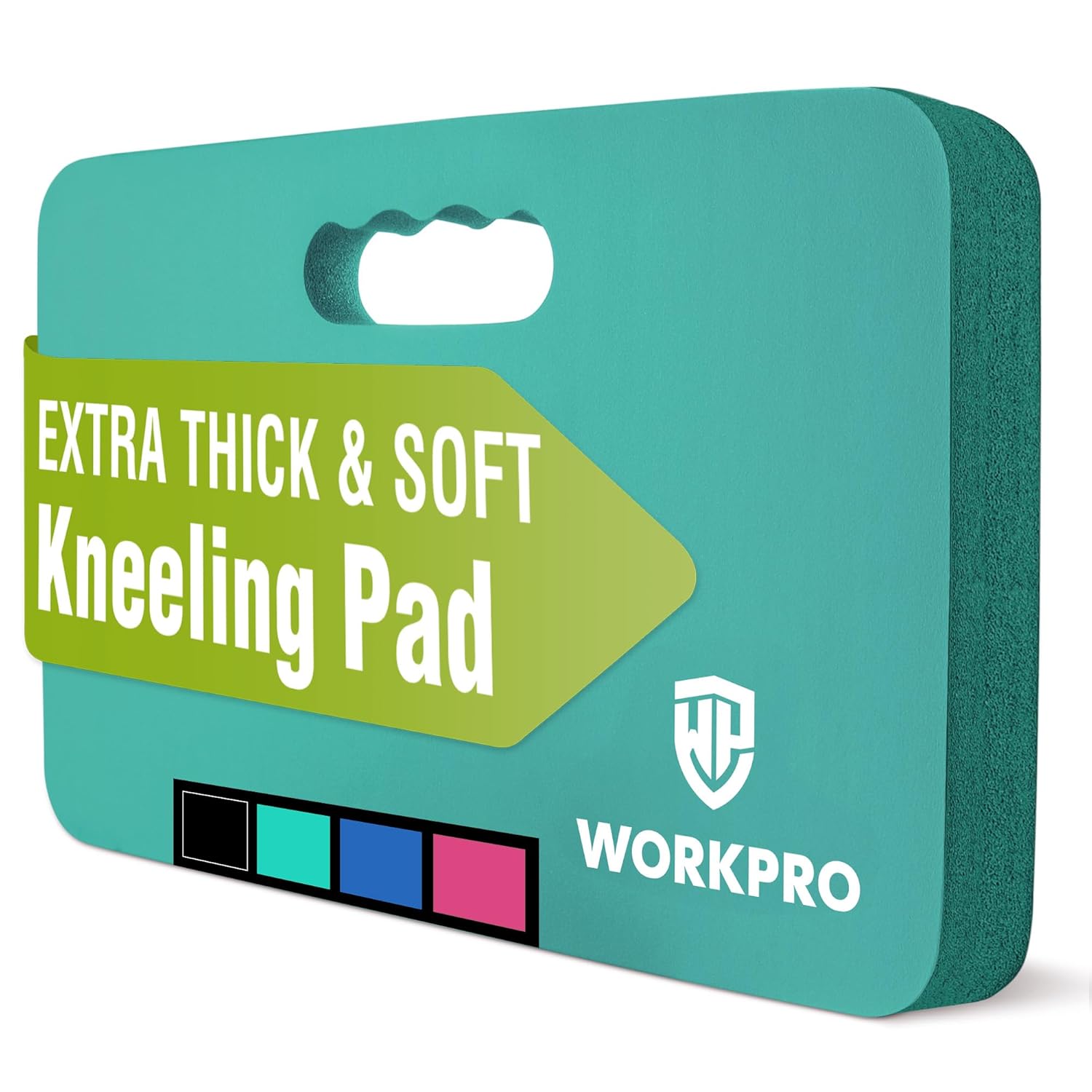 Extra thick foam kneeling pad with hand-grip cutout, teal/green, WORKPRO logo