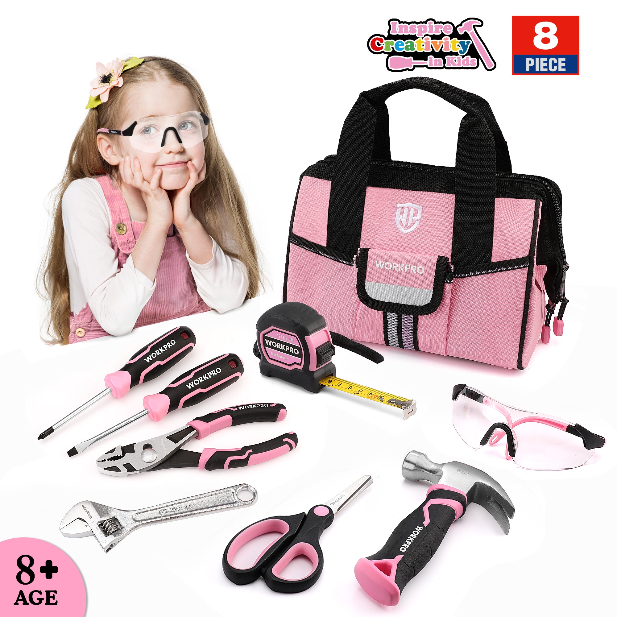 WORKPRO 9 Pcs Kids Junior Tool Set with Tool Bag, pink and black, innovation quality and durable secure storage