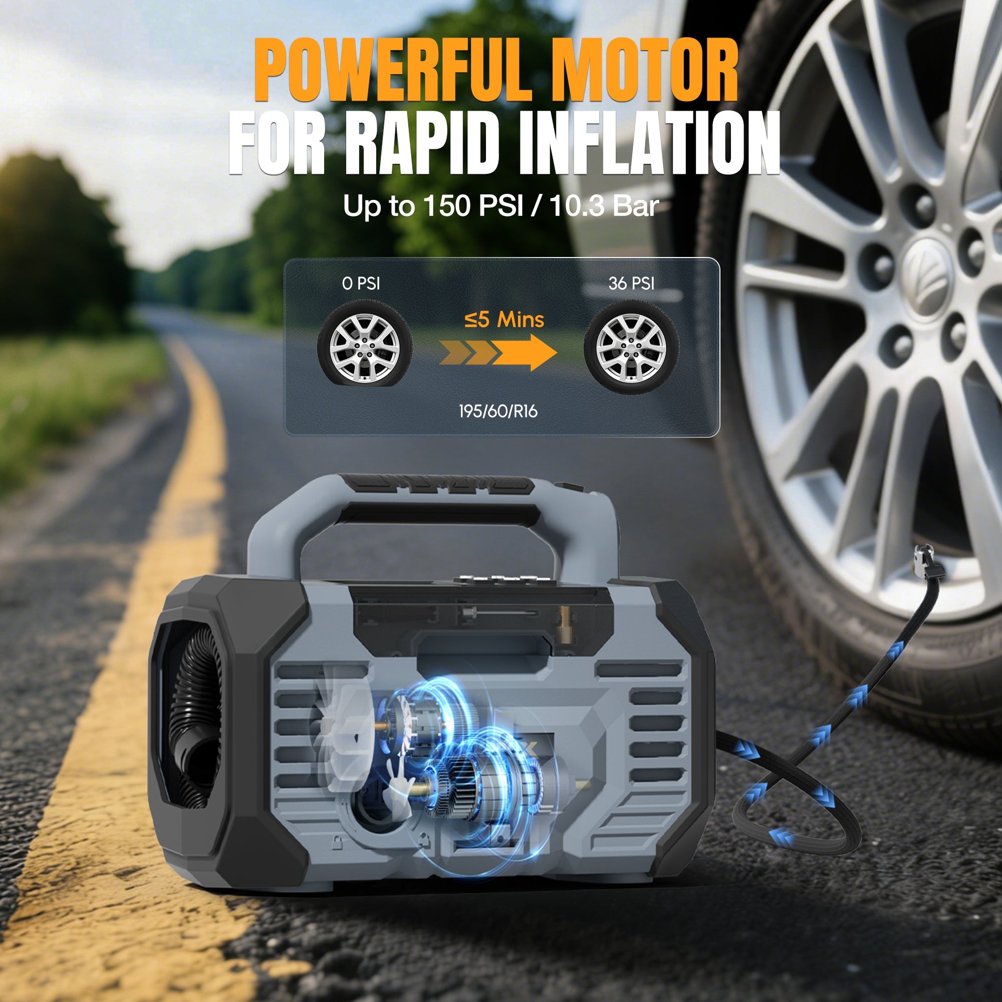 Portable air compressor with front motor housing and connected inflation hose.