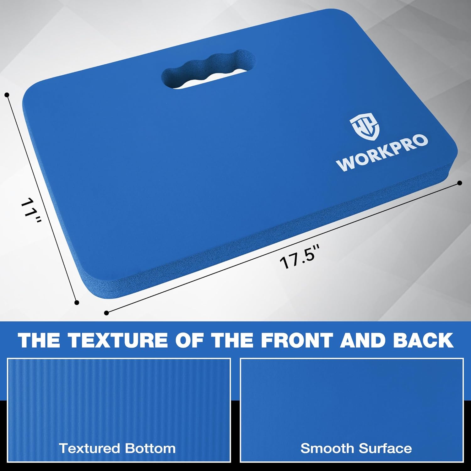 Blue extra-thick foam kneeling pad with carry handle cutout and WORKPRO logo