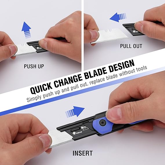 WORKPRO 2-in-1 quick-change blade folding knife with blue handle, blade insert and pull-out.
