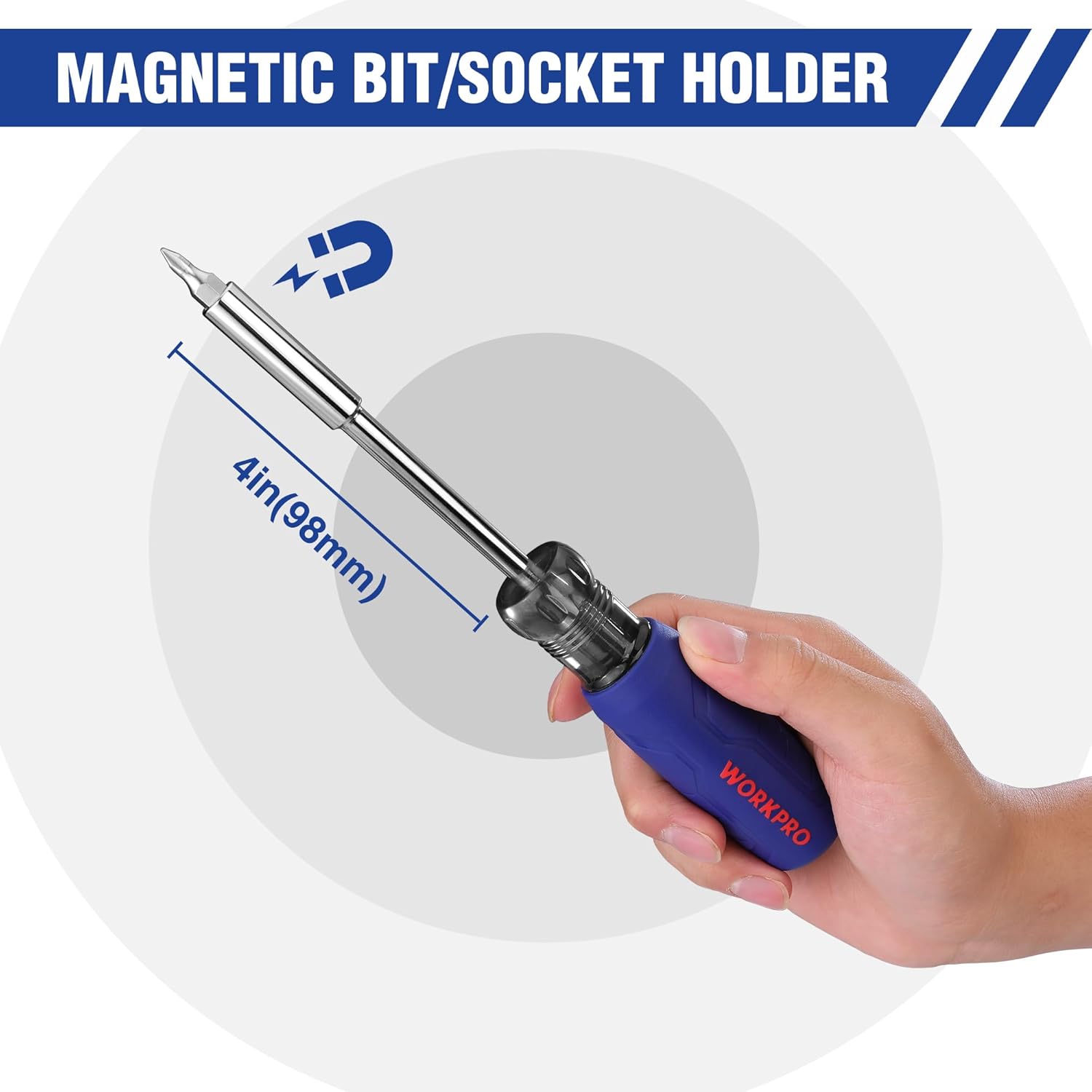 Magnetic bit and socket holder with blue ergonomic handle, held in hand.