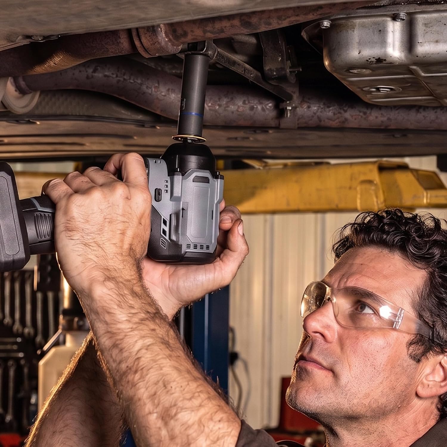 Magnetic stubby socket adapter held by wrench on a vehicle undercarriage