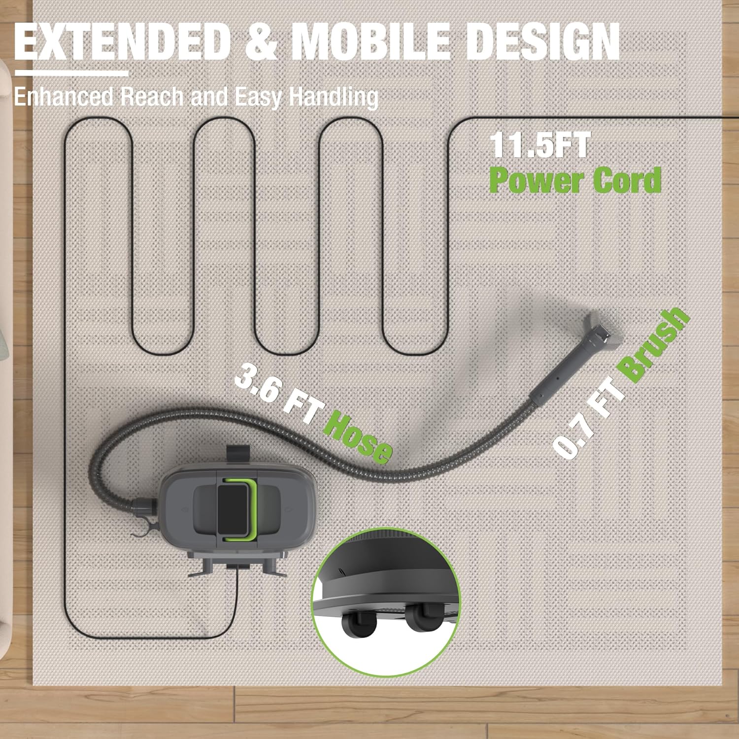 Portable steam cleaner with extended power cord, long hose, and brush attachment