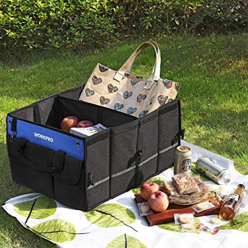 Collapsible car trunk organizer with lid, blue center panel, black handle and side pockets.