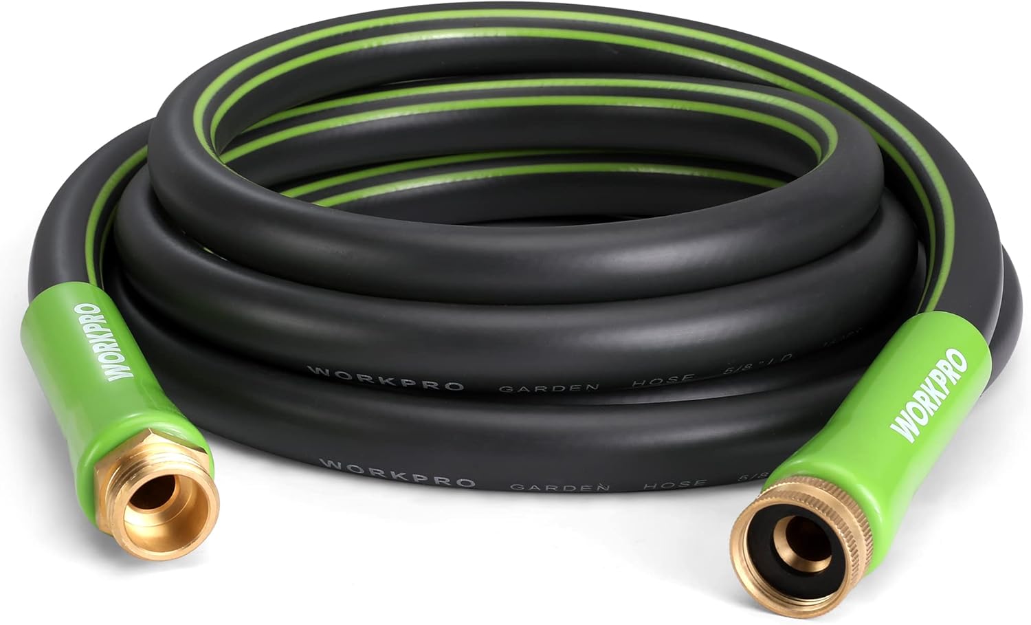 Flexible garden hose coil with green ends and brass fittings, black tube