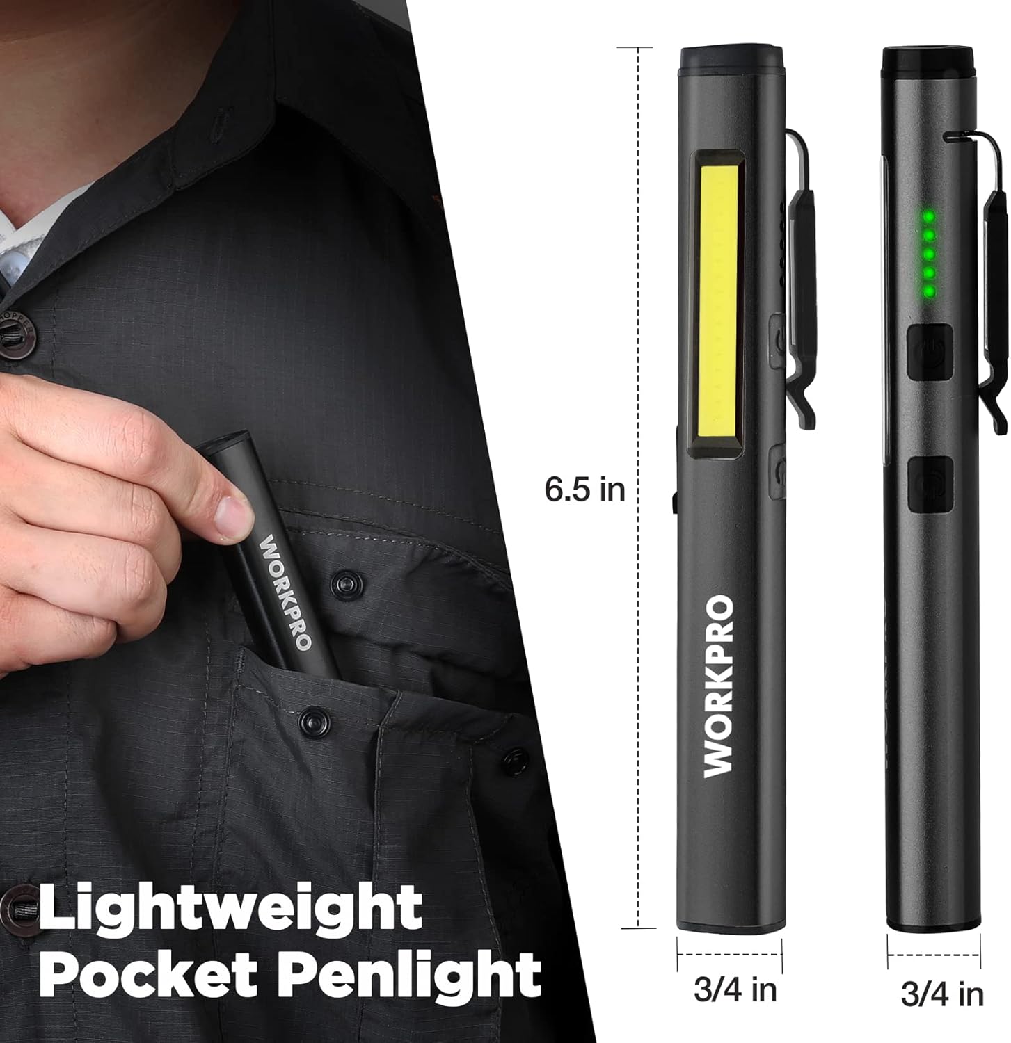 WORKPRO black pocket penlight with yellow LED strip, front side profile and size