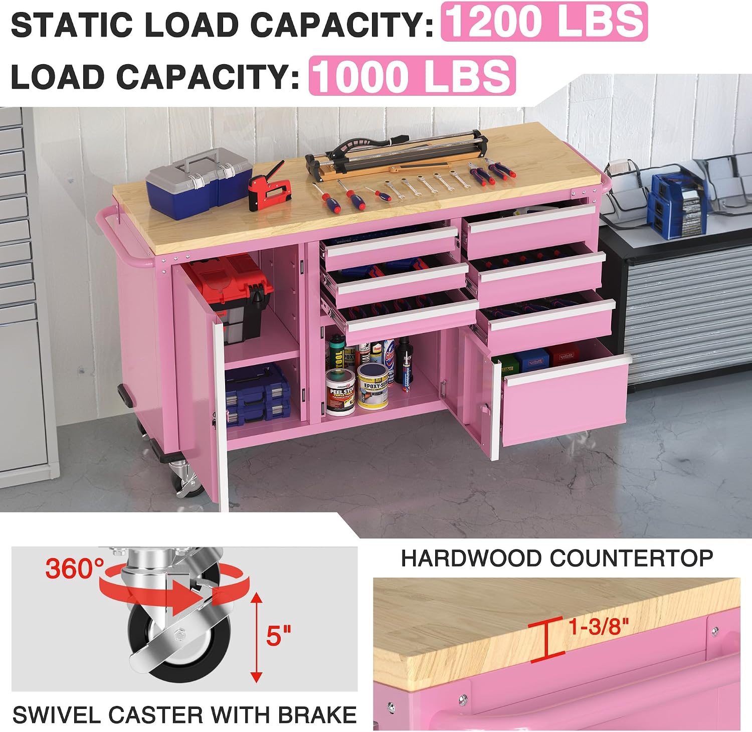 Pink rolling tool chest with hardwood top, open drawers and side cabinets on casters
