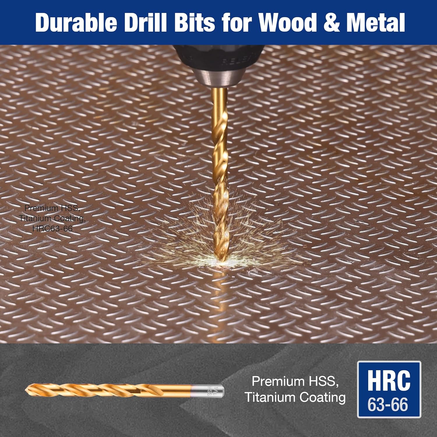 Gold drill bit with hex shank drilling into metal surface