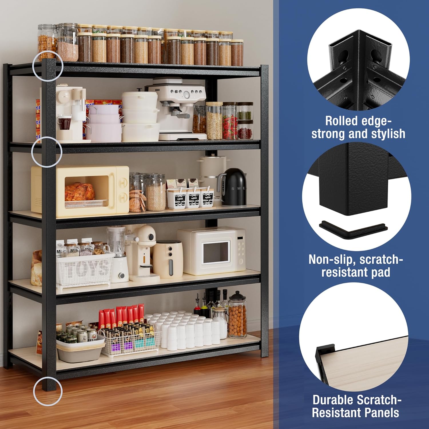 Black 5-shelf storage rack with wood boards, organizing kitchen containers and appliances