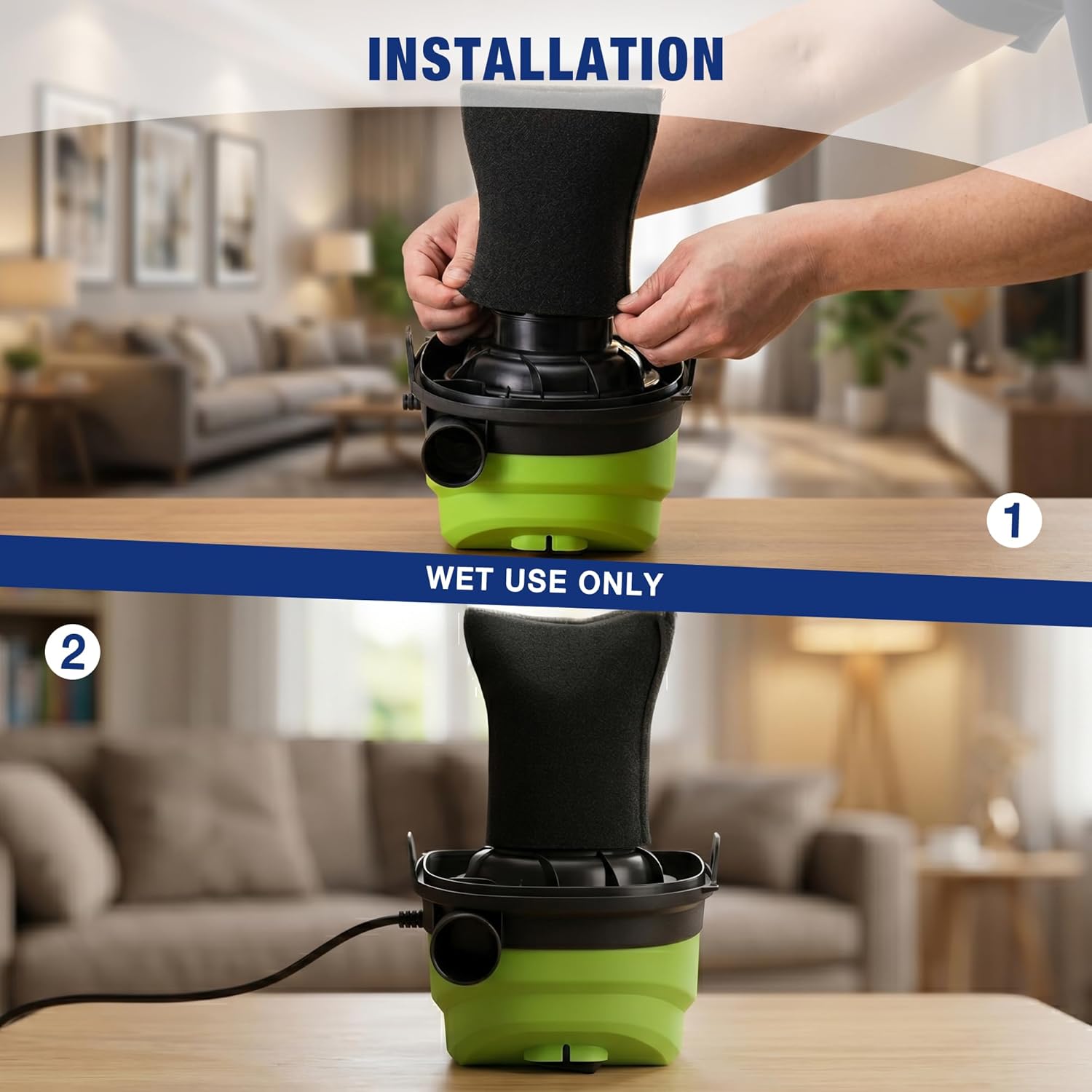 Foam wet vacuum filter installed on a green and black wet/dry vacuum