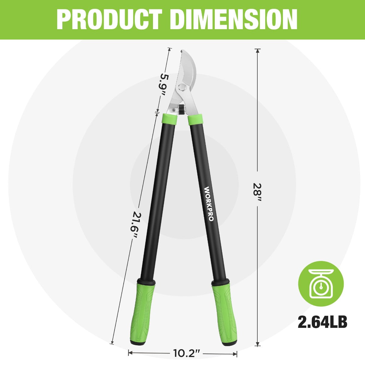 Bypass lopper with 28 in length, green grips, and black handles