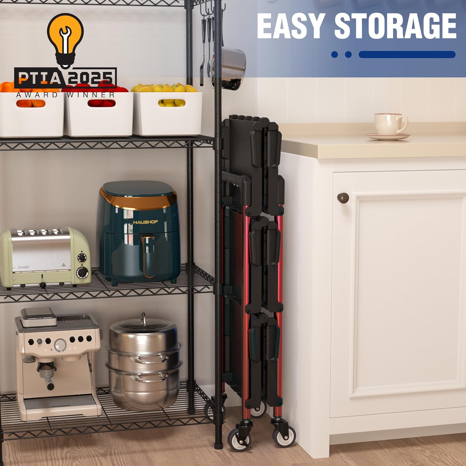 Compact utility cart folded for storage, black and red frame, small caster wheels on floor.