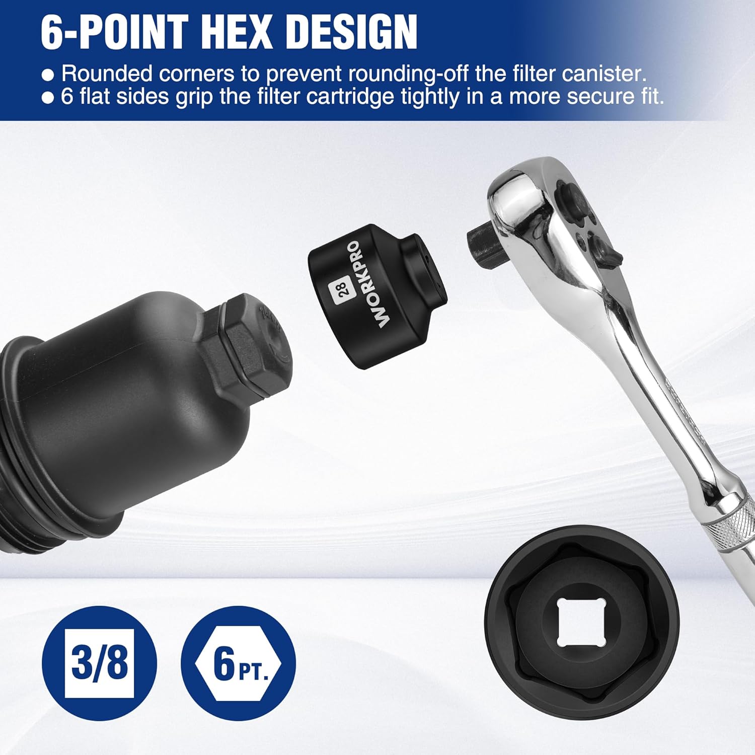 WORKPRO 28mm oil filter socket wrench with 6-point hex grip, black head