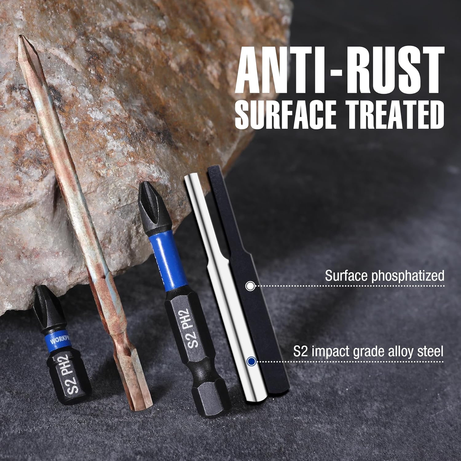 S2 PH2 impact bit set with anti-rust surface treated tips and blue collar, hex shanks