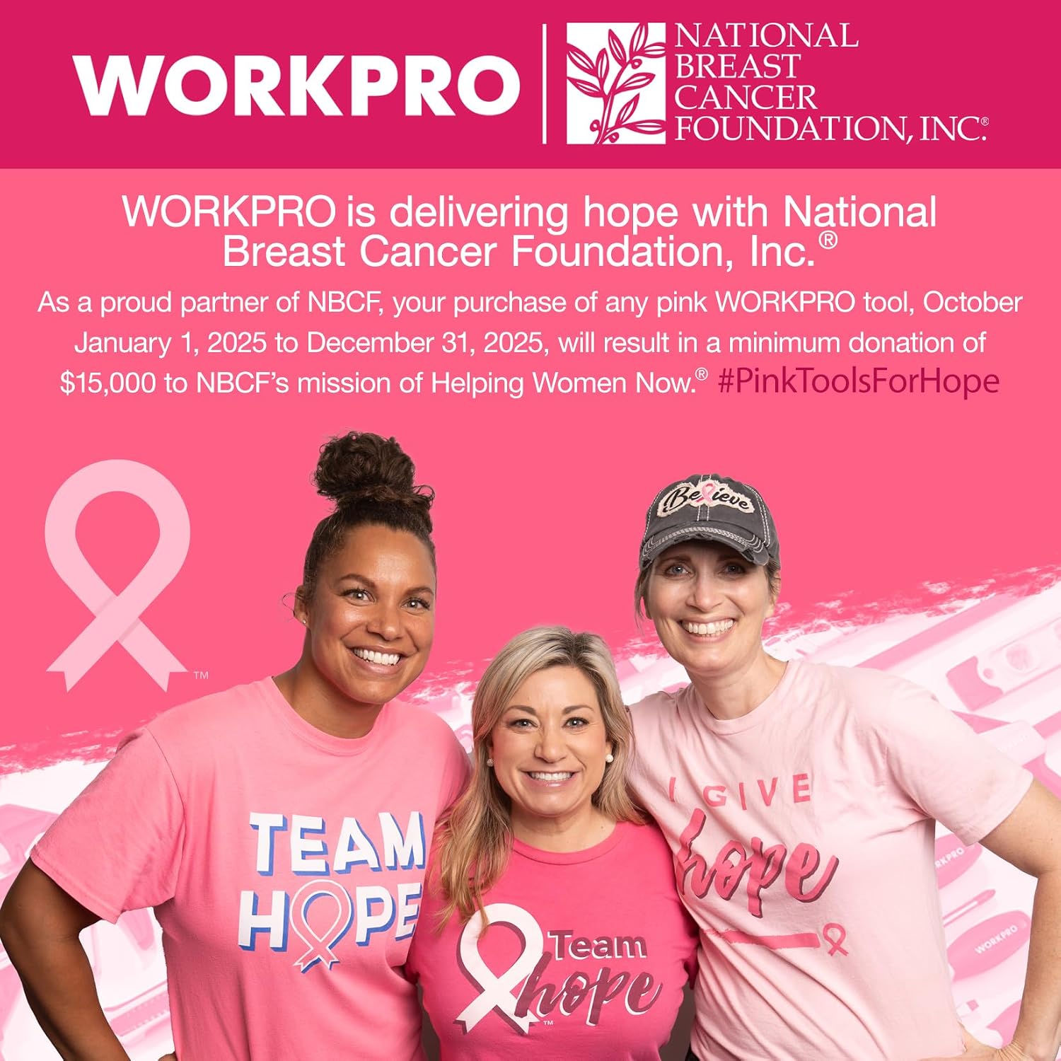 WORKPRO pink charity banner with people in Team Hope T-shirts