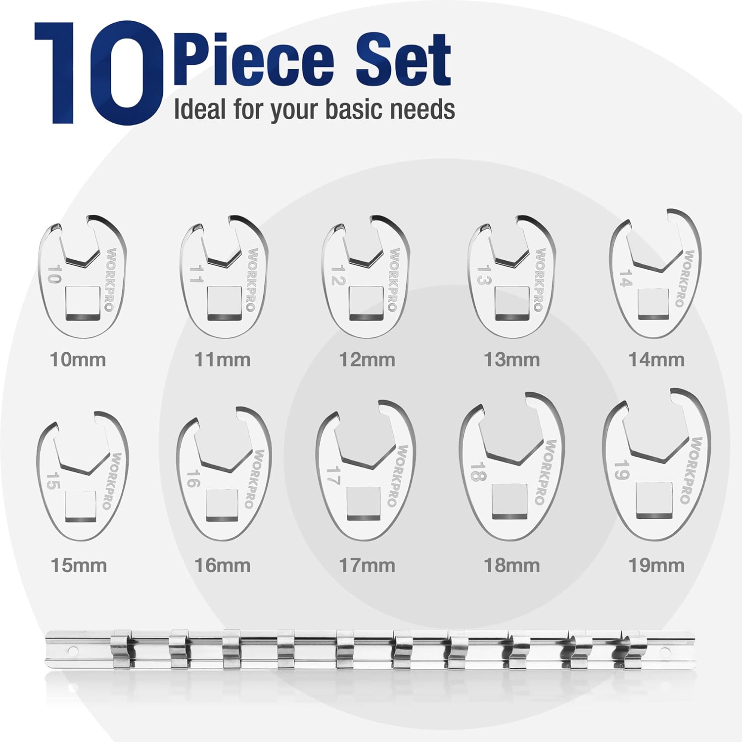 10-piece 3/8 in drive crowfoot flare nut wrench set, metric 10–19 mm, chrome