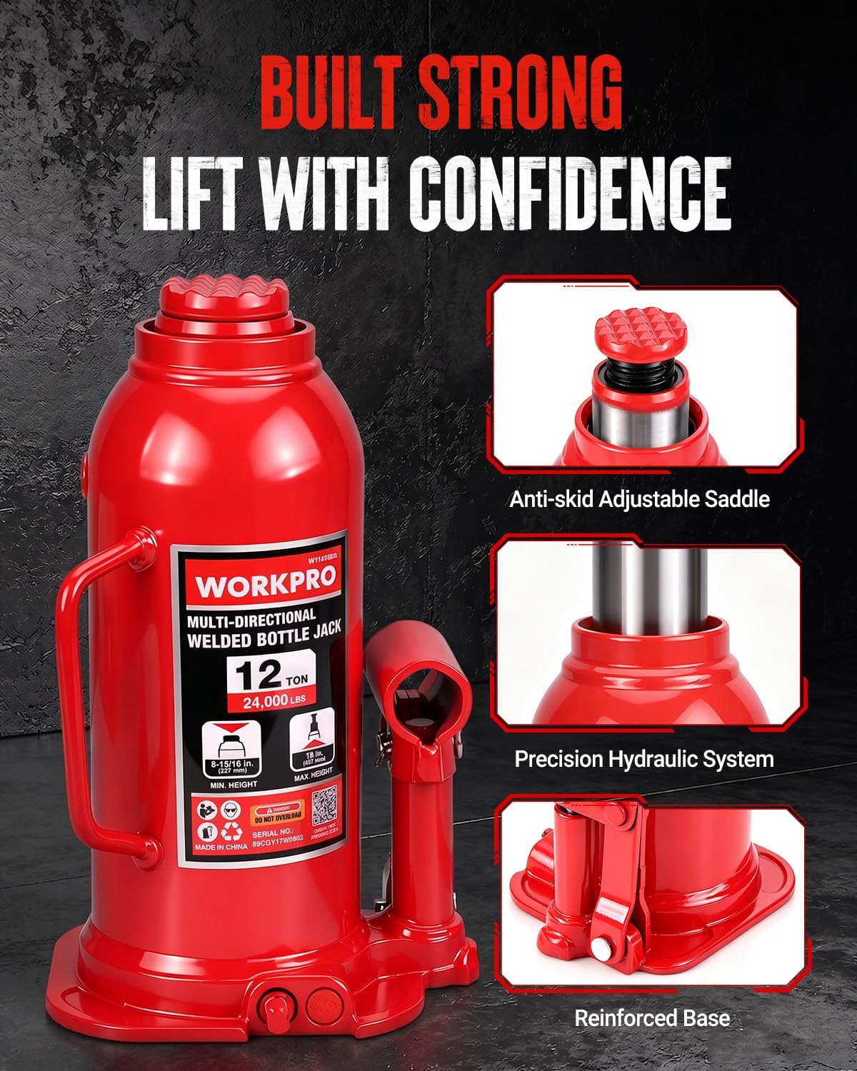 WORKPRO Bottle Jack, 12 Ton Heavy Duty Multi-Directional Welded Bottle Jack