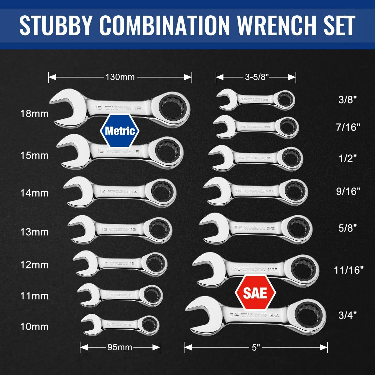 WORKPRO stubby combination wrench set with metric and SAE sizes shown in organizer layout