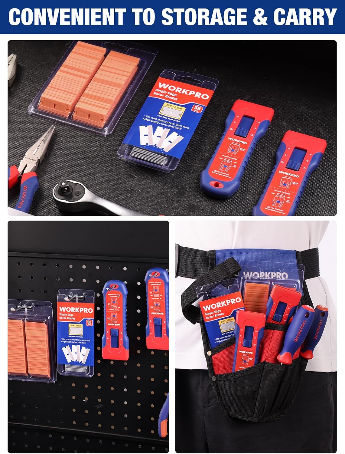 Retractable razor scraper set with hanging hole, blade packs, and tool carry pouch