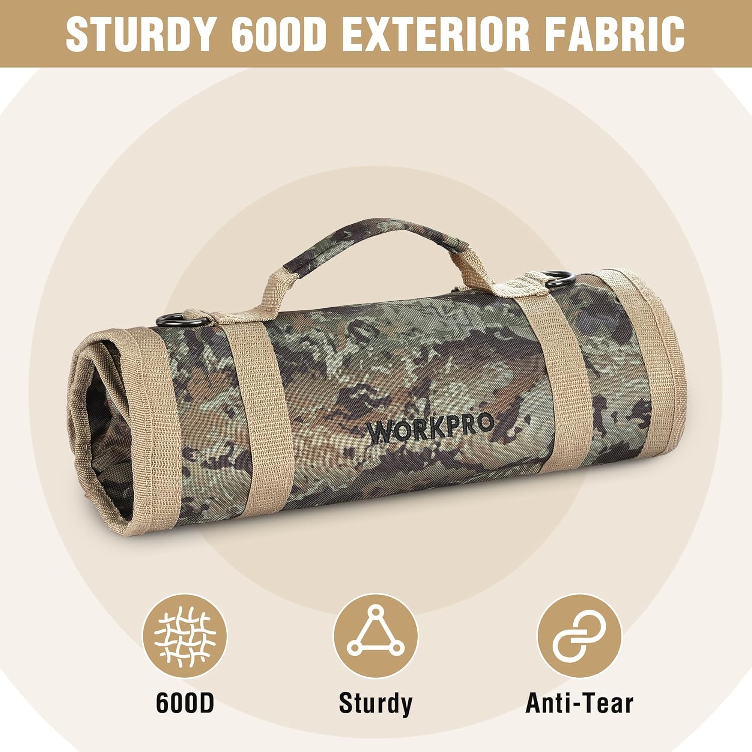 Camo roll tool bag with reinforced handle straps and heavy-duty fabric