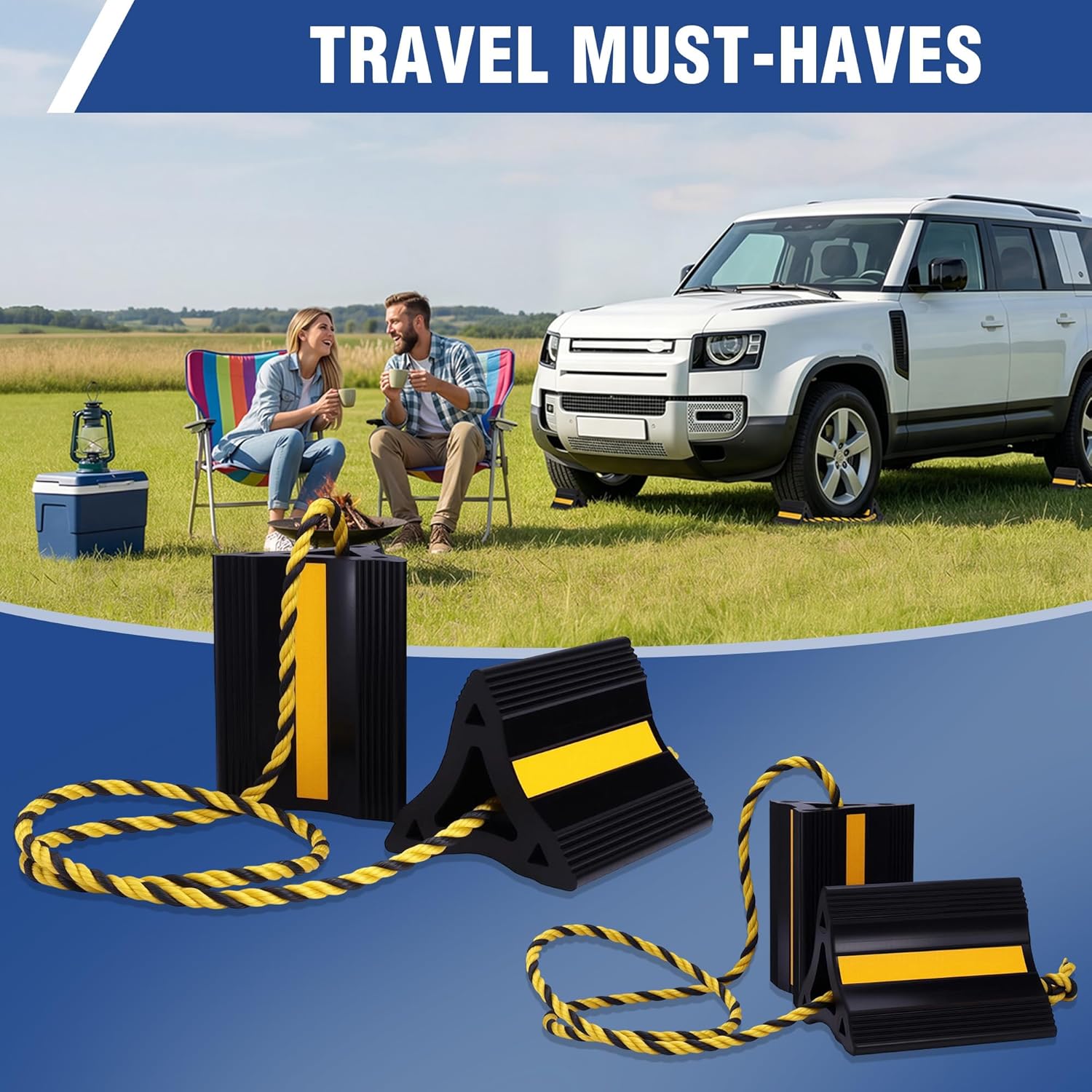 4-pack rubber wheel chocks with rope, black wedges and yellow reflective stripes outdoors