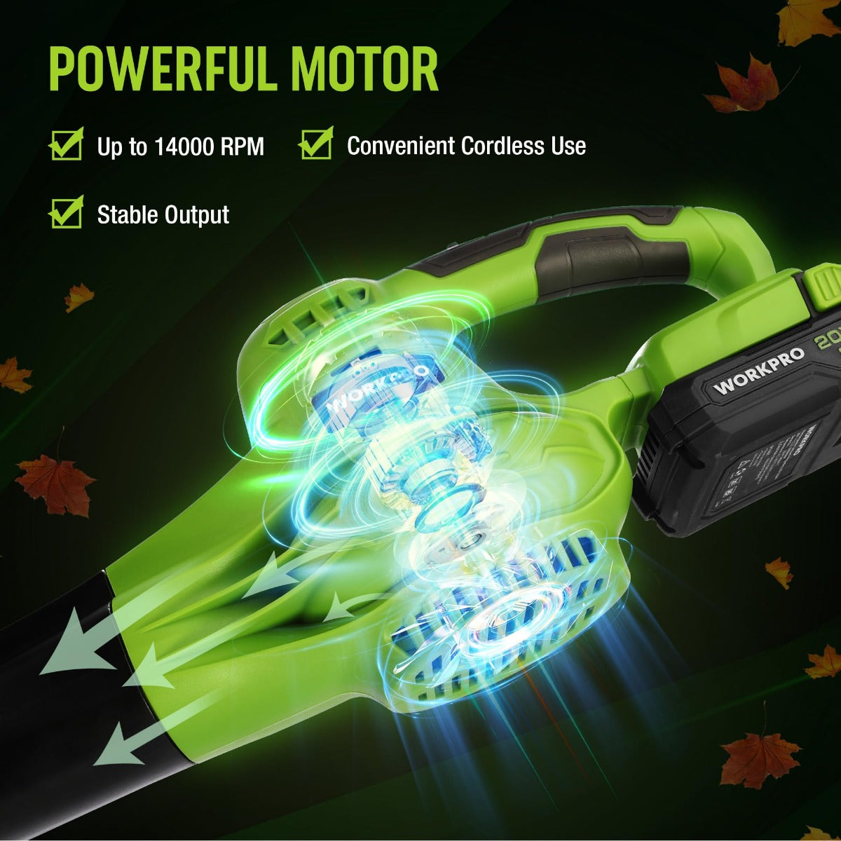 Green cordless leaf blower with glowing motor area on the handle