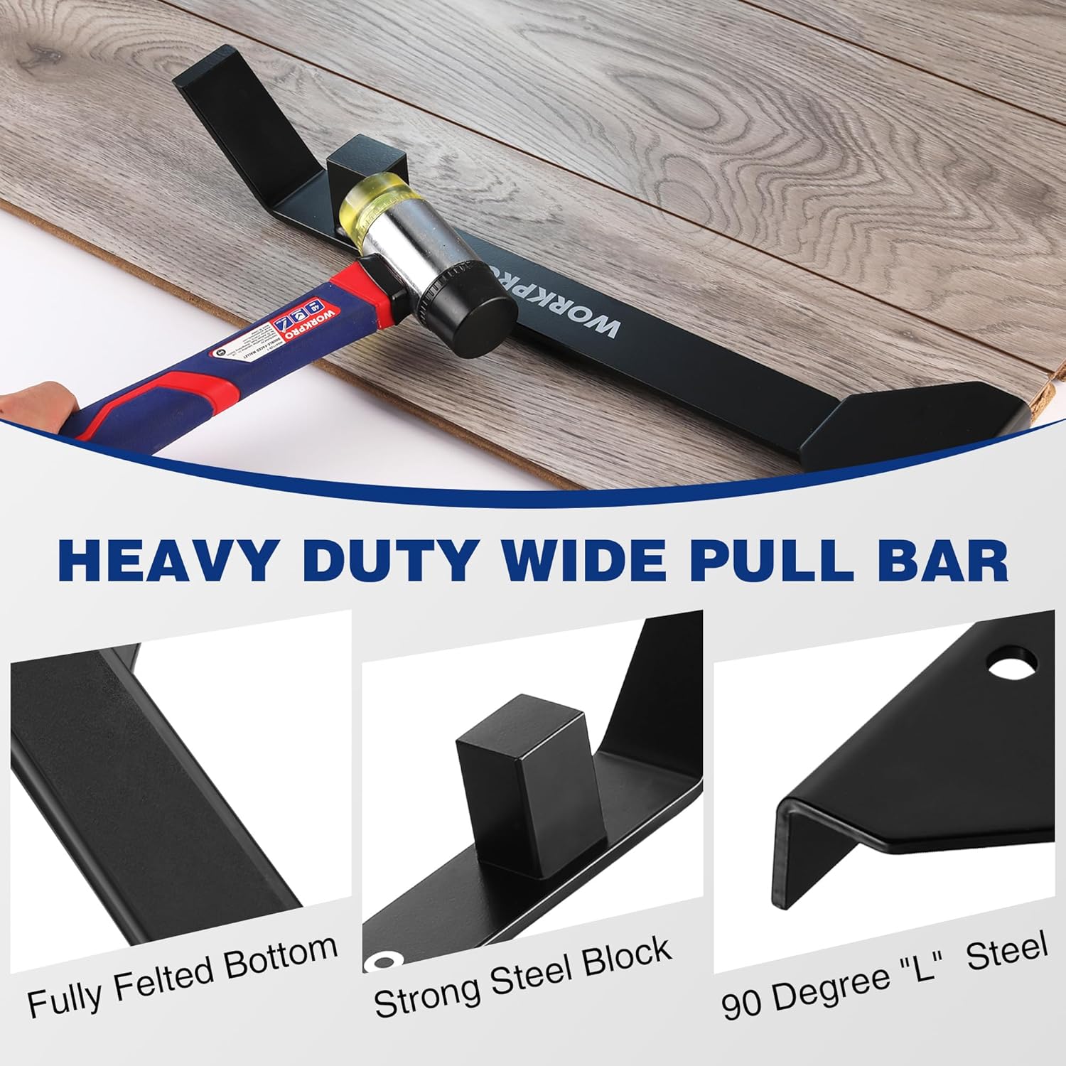 Black flooring pull bar with felted bottom pad and steel block striking end