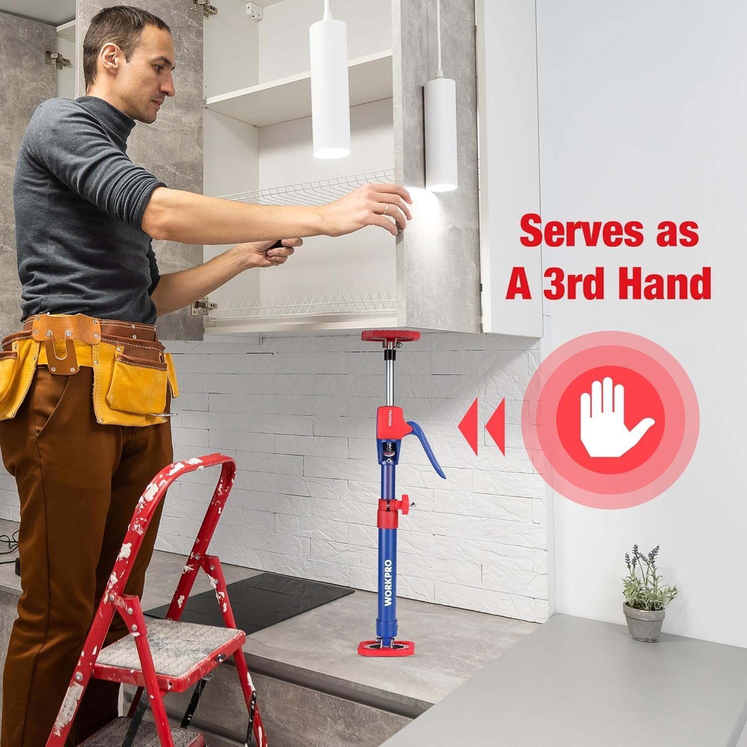 WORKPRO support pole acting as a third-hand while installing kitchen cabinet trim