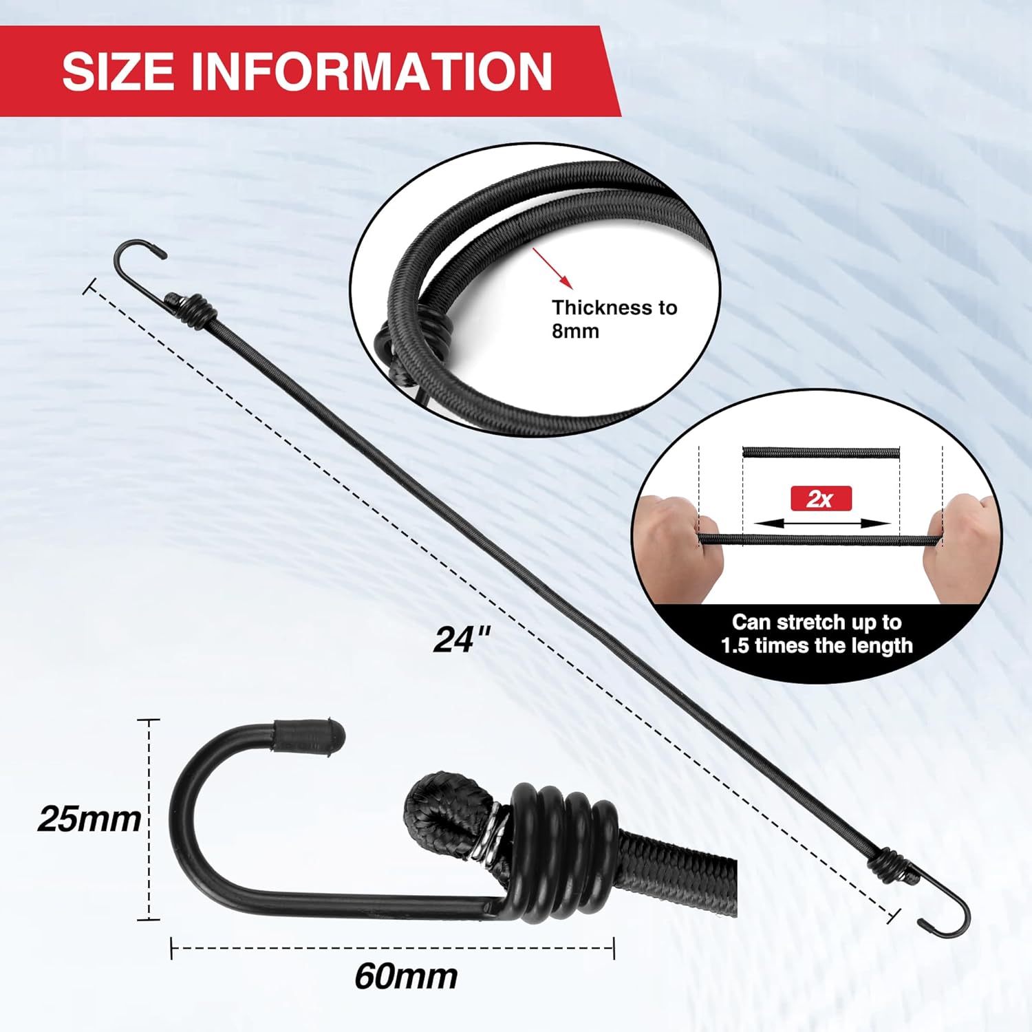 Black 24-inch bungee cord with metal hooks, thick 8mm elastic rope, single strap.