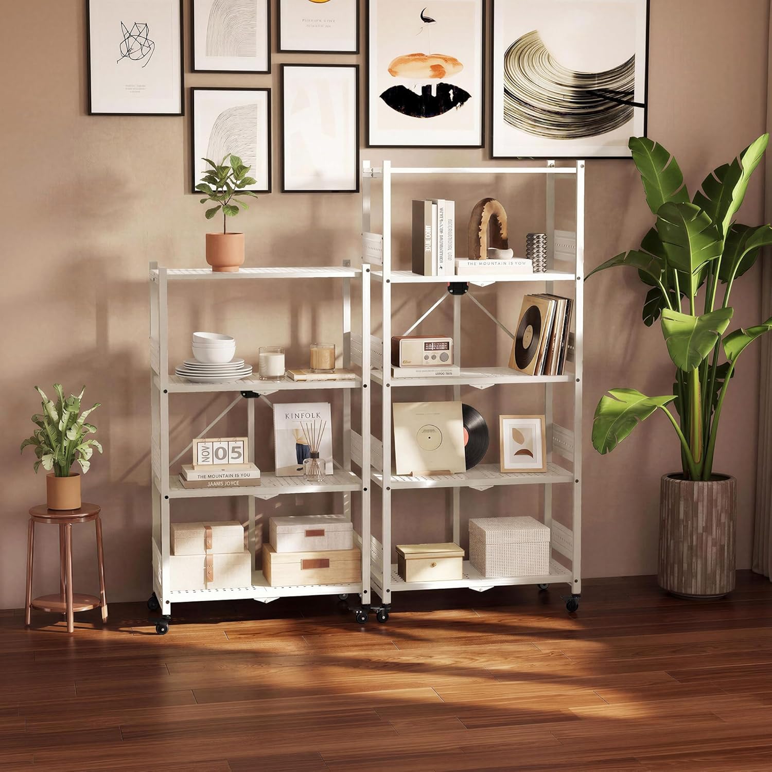 White 5-tier folding storage rack with wheels, open shelves for pantry or craft items.