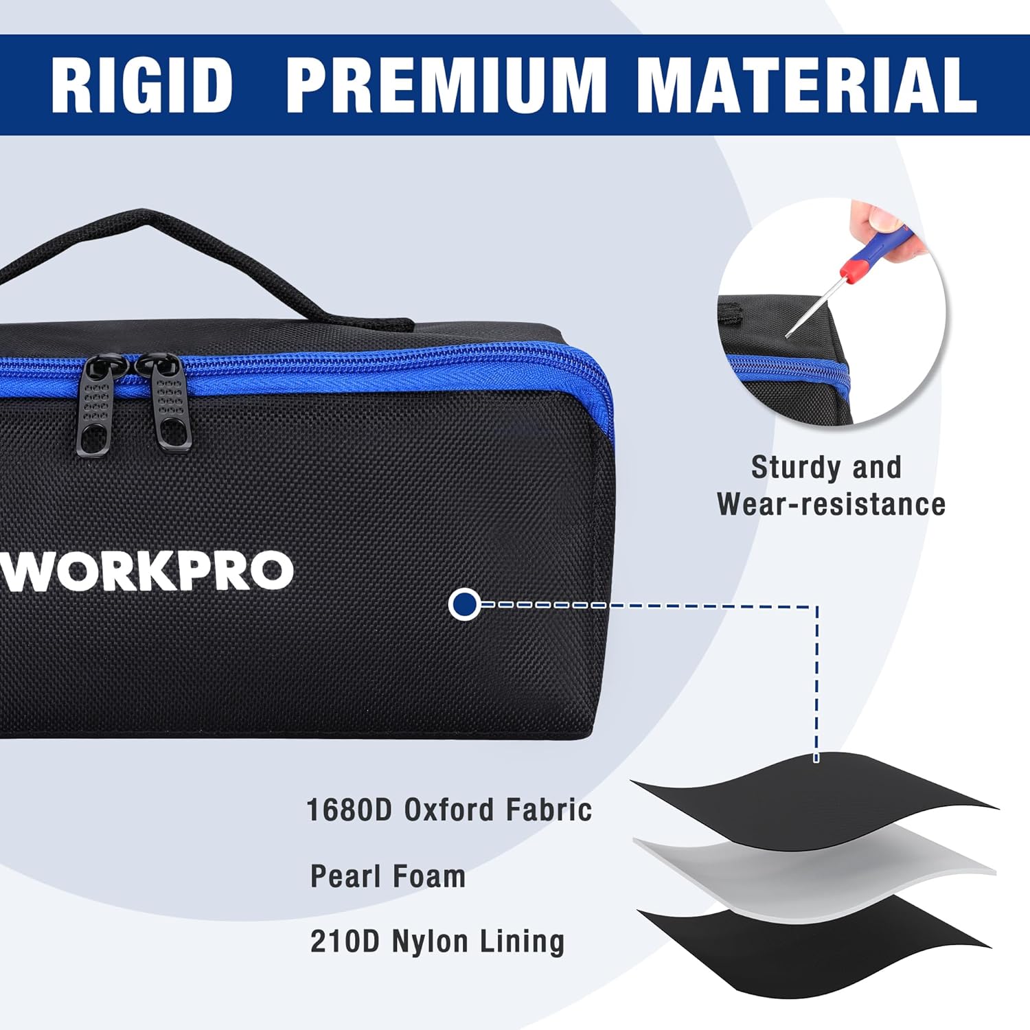 Black WORKPRO tool pouch with blue zip track, textured fabric and dual zippers