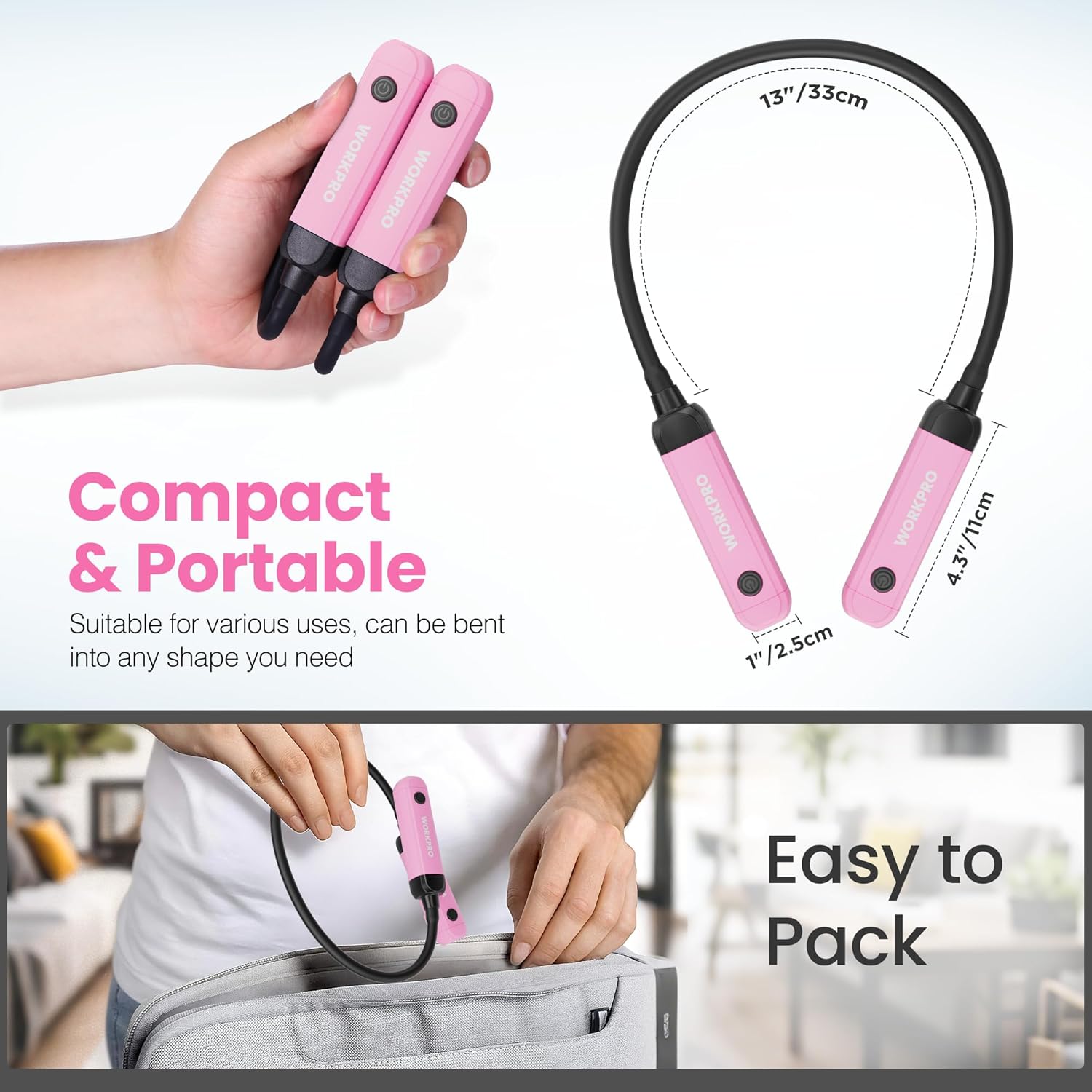 Pink compact rechargeable neck light with dual LED pods and flexible neckband