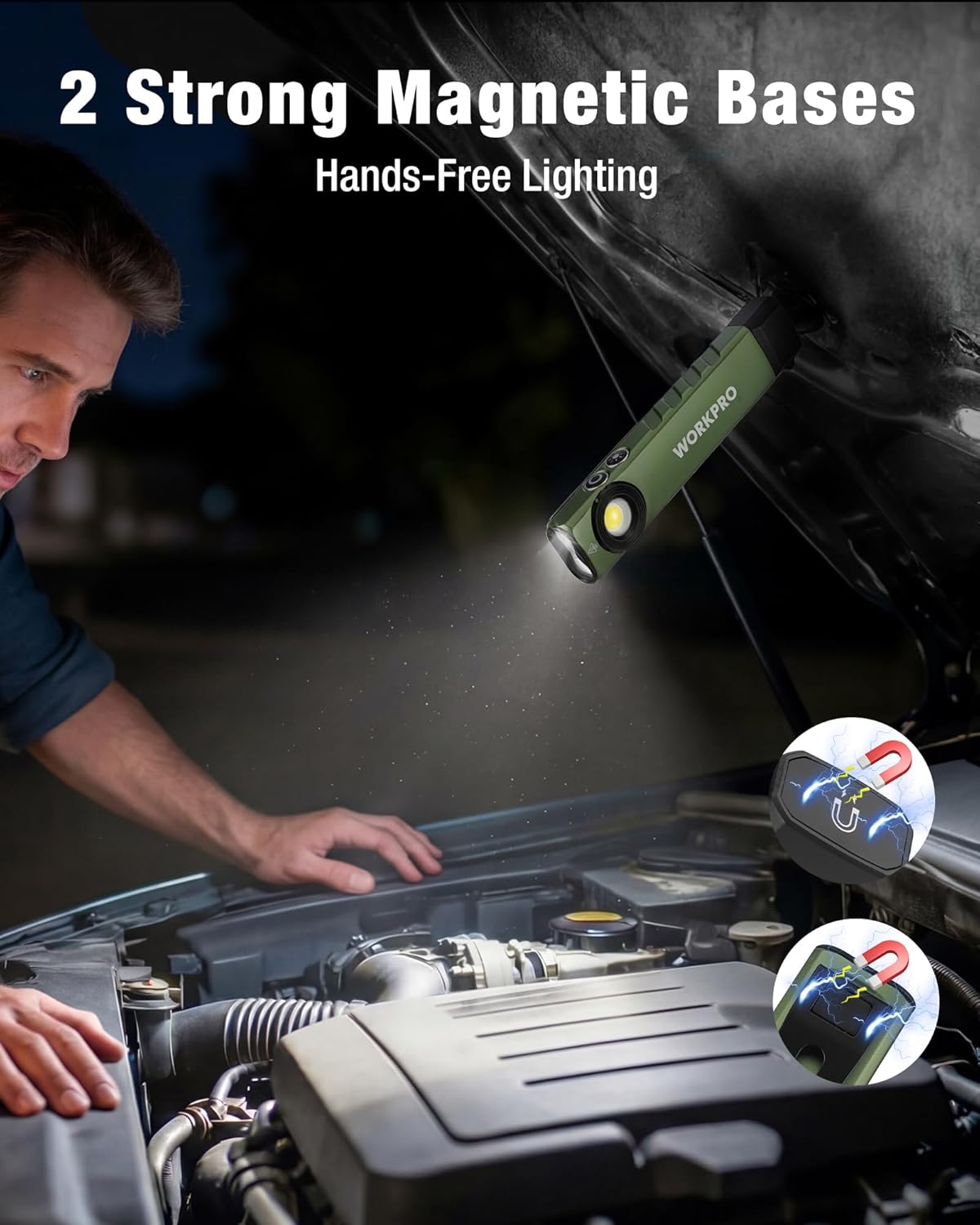 Green flashlight with magnetic bases, hands-free use shining onto car engine area