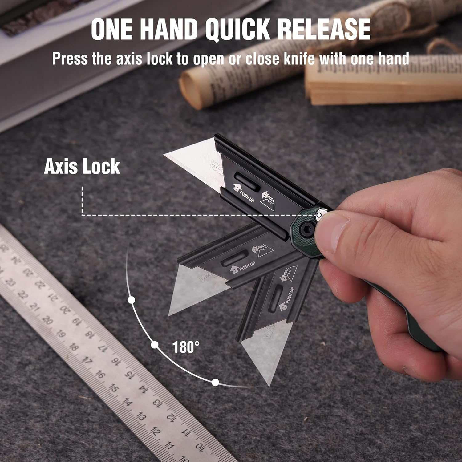 Green folding utility knife with axis-lock mechanism and fixed triangular blade
