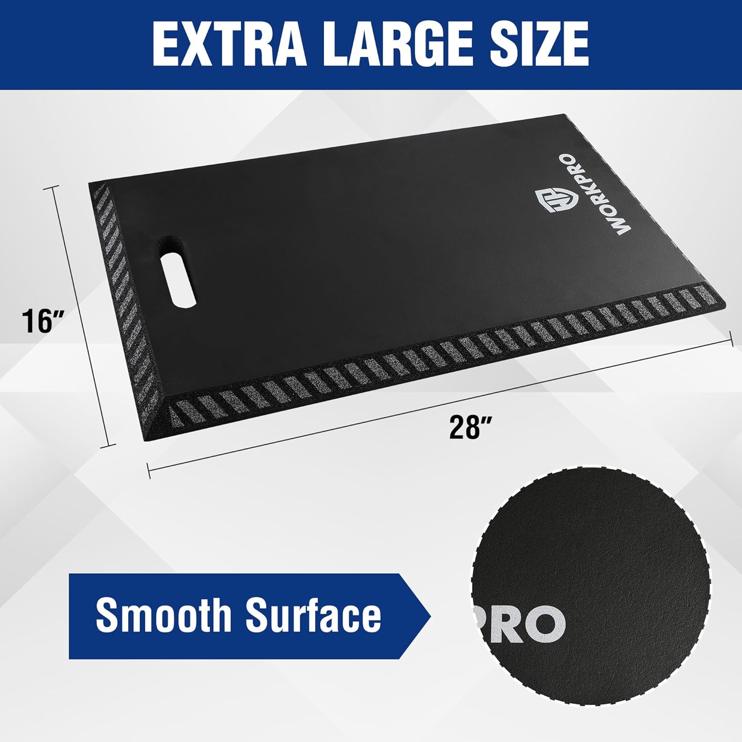 Black extra large kneeling pad with cutout handle and textured edge grip