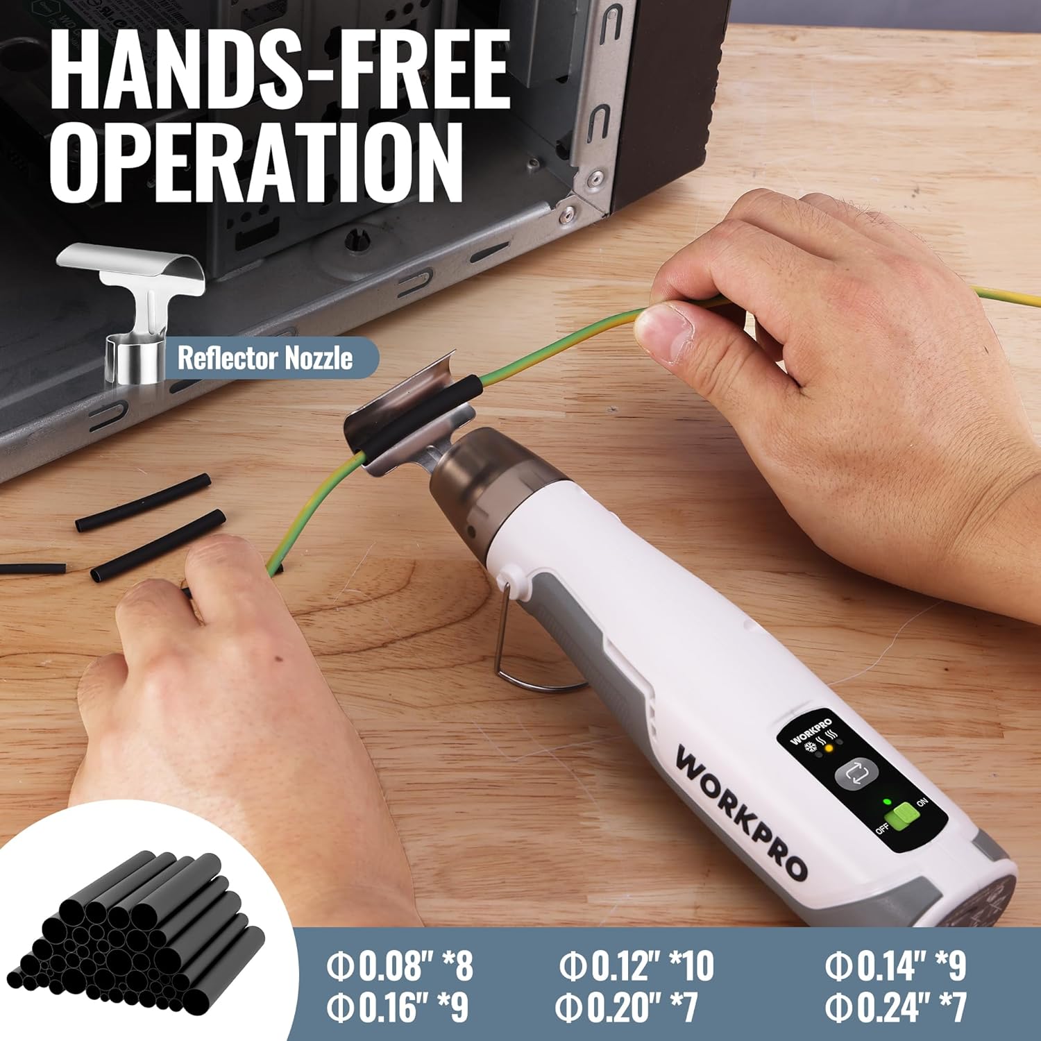 Cordless mini heat gun on a stand with reflector nozzle and control display on handle.