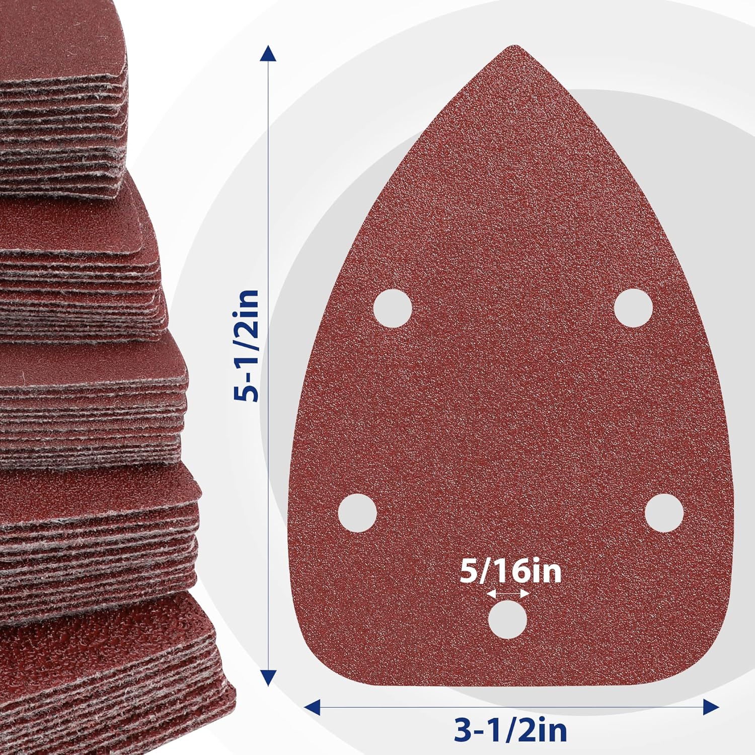 Red triangular sanding pad with hook-and-loop backing and 5-hole dust collection pattern