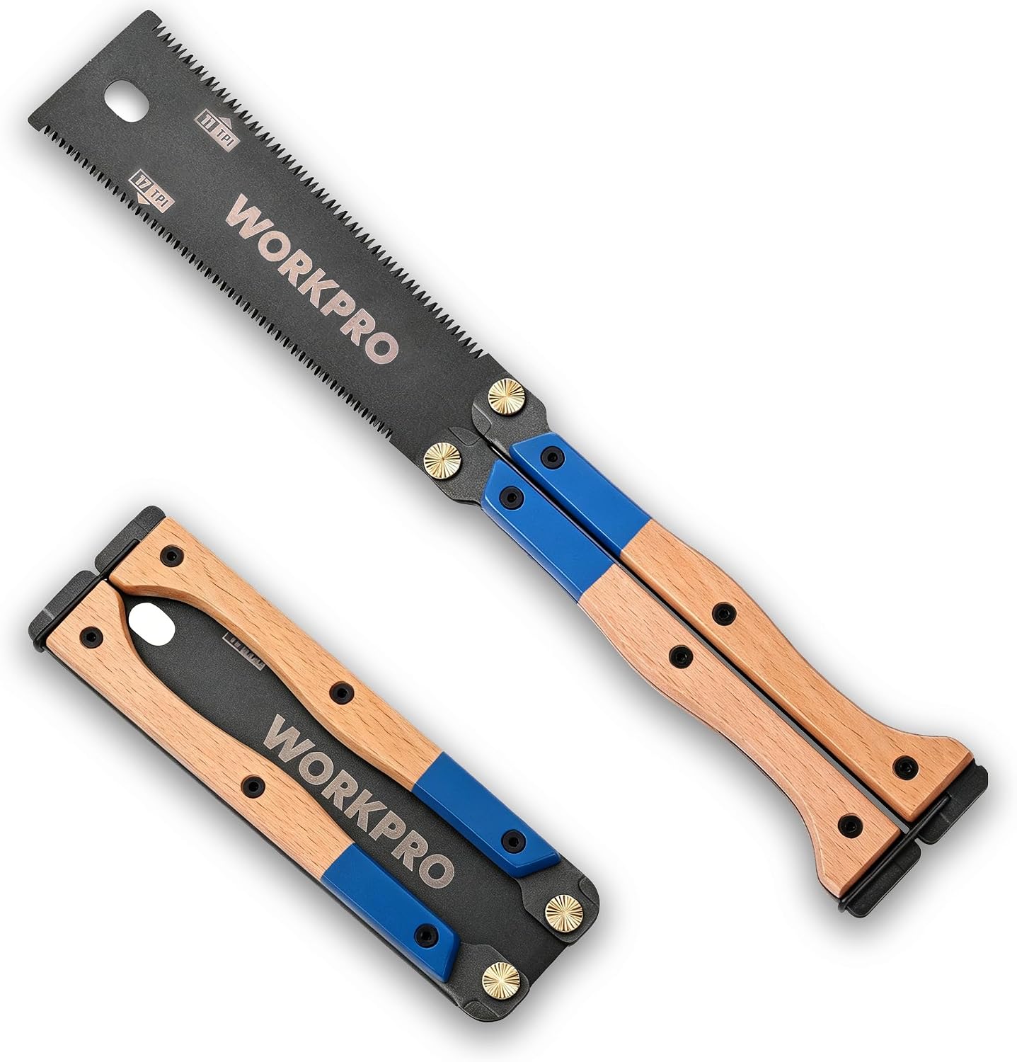 WORKPRO folding Japanese hand saw with blue handle and black blade, beechwood non slip grip, double edged pull saw