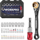 WORKPRO 34-Piece 1/4" Mini Ratchet Wrench Set, 72-Tooth, Right Angle Screwdriver Mens Gifts, 90 Degree Offset Ratcheting Screwdriver Mini Low Profile Ratchet Wrench Bit Socket Set for Tight Space