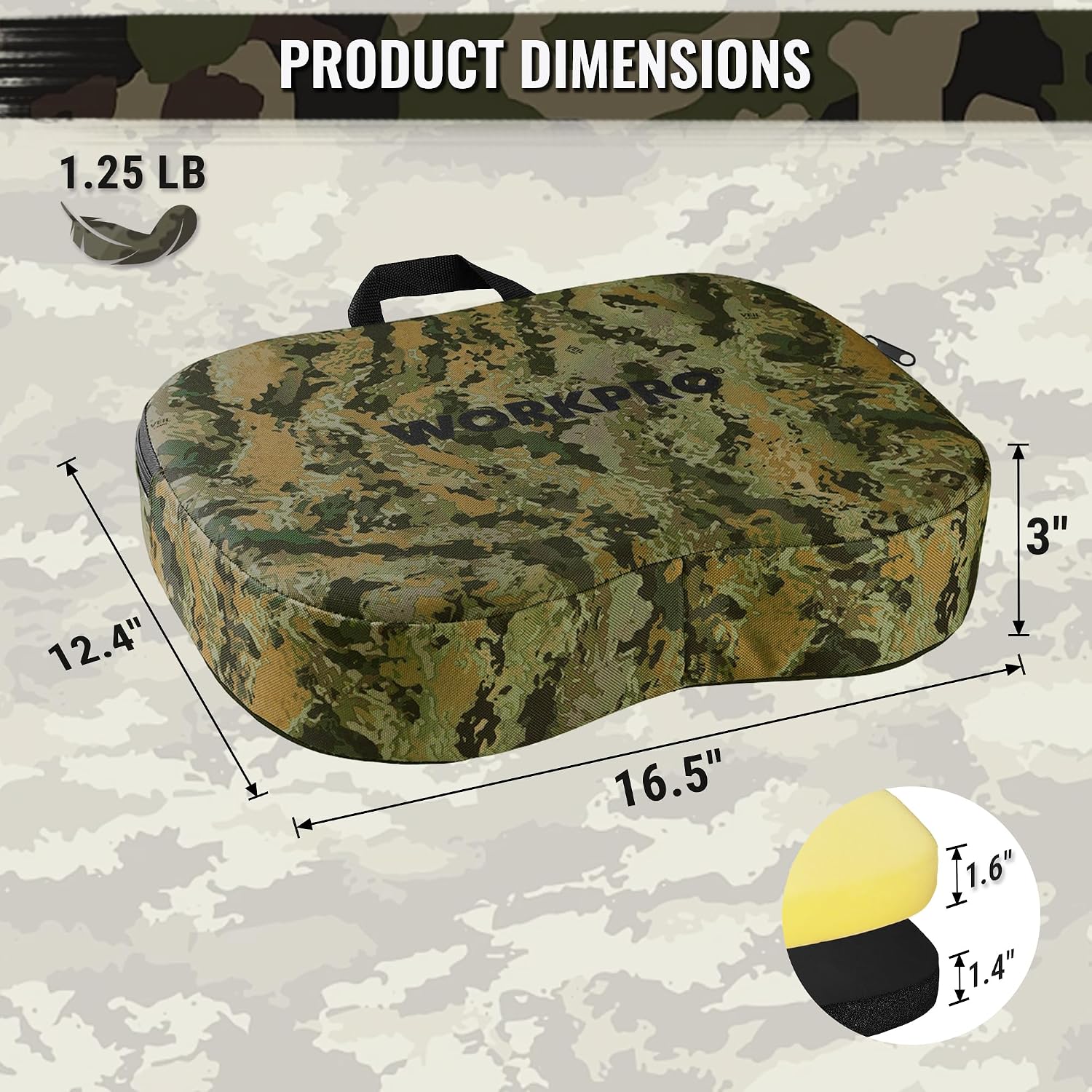 WORKPRO Hunting Seat Cushion camo with quality innovation, durable dual layer foam and secure support