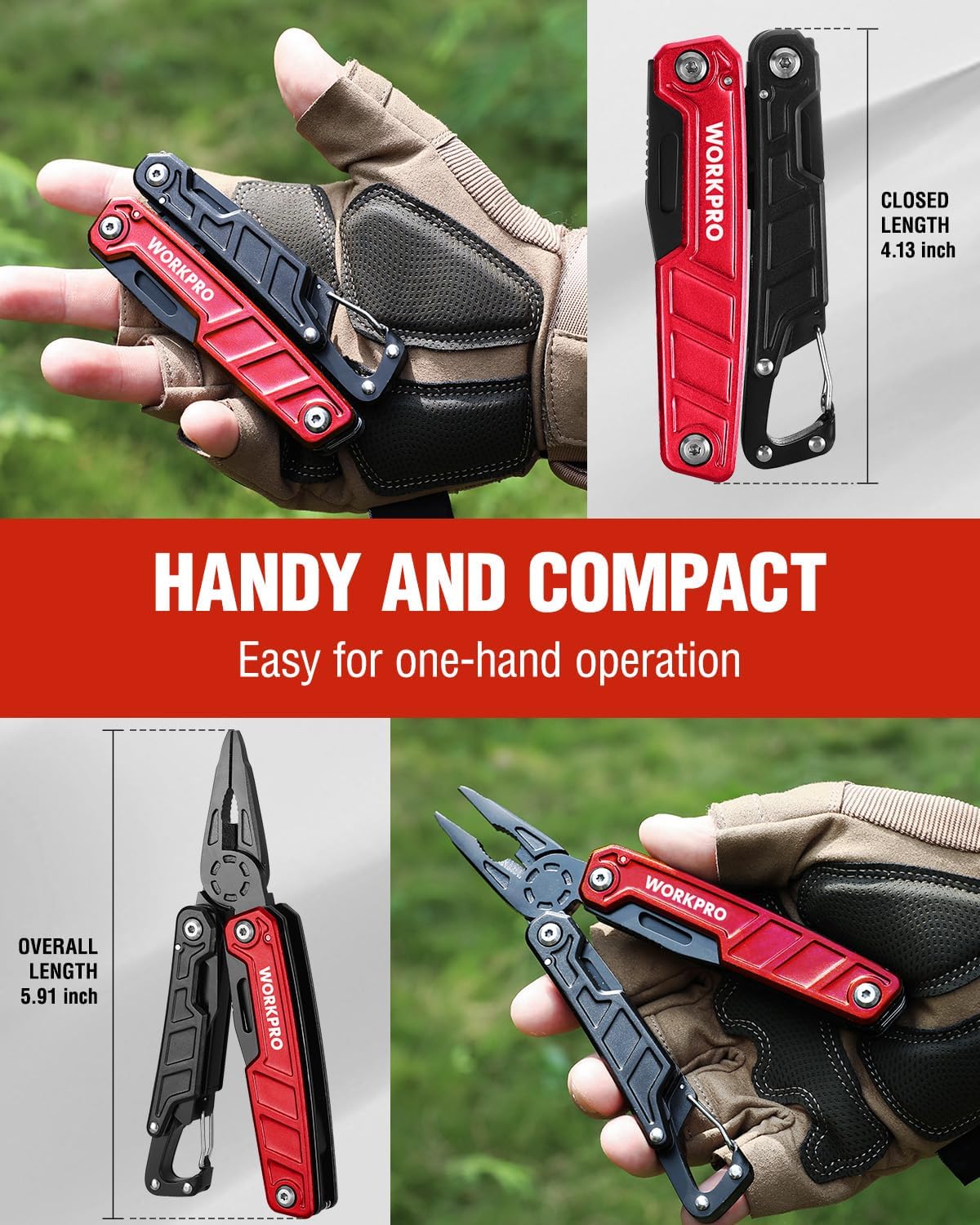 Compact red-and-black multitool pliers in tan sheath for one-hand use