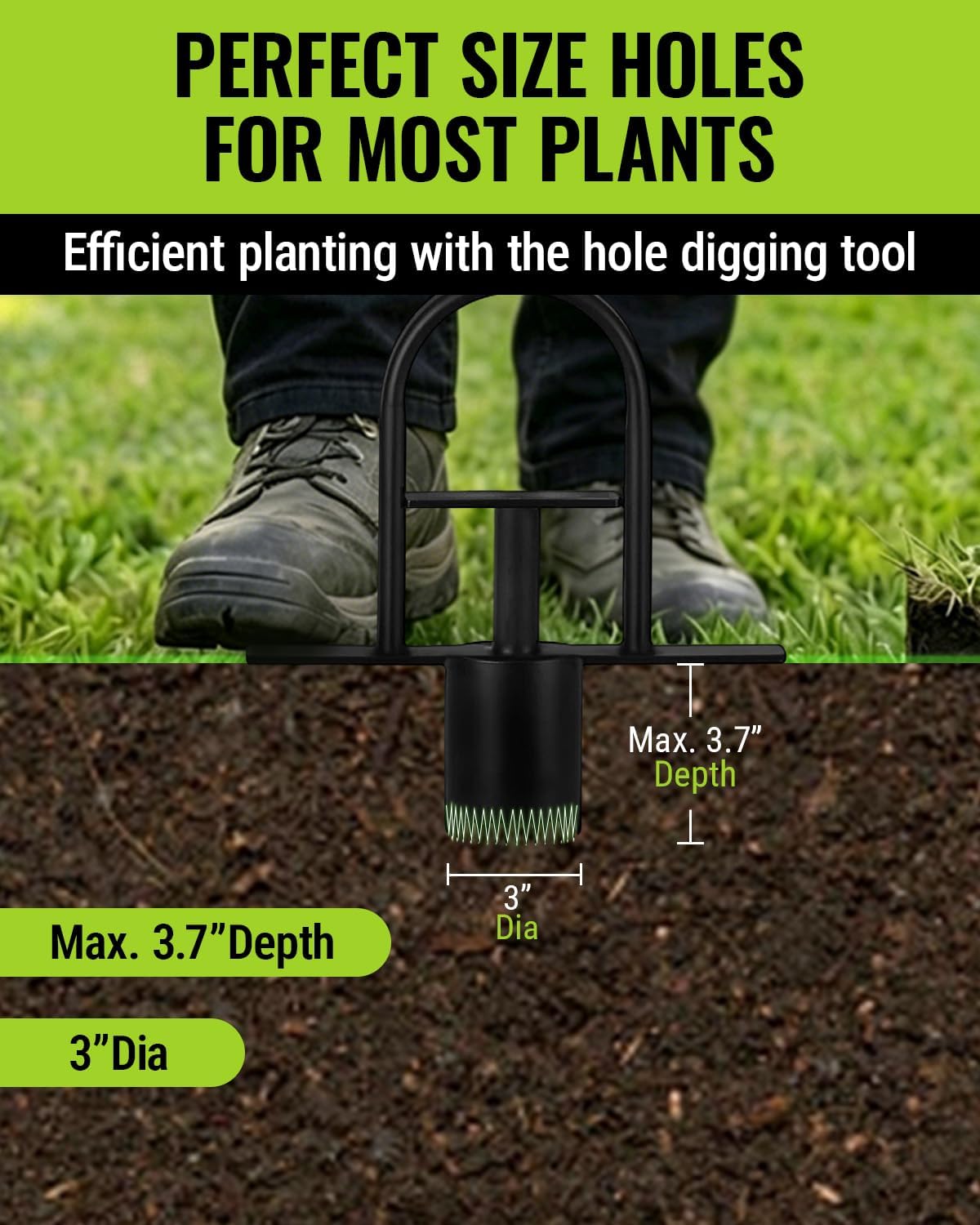 Long-handled soil plugger tool with serrated base for punching holes in garden soil