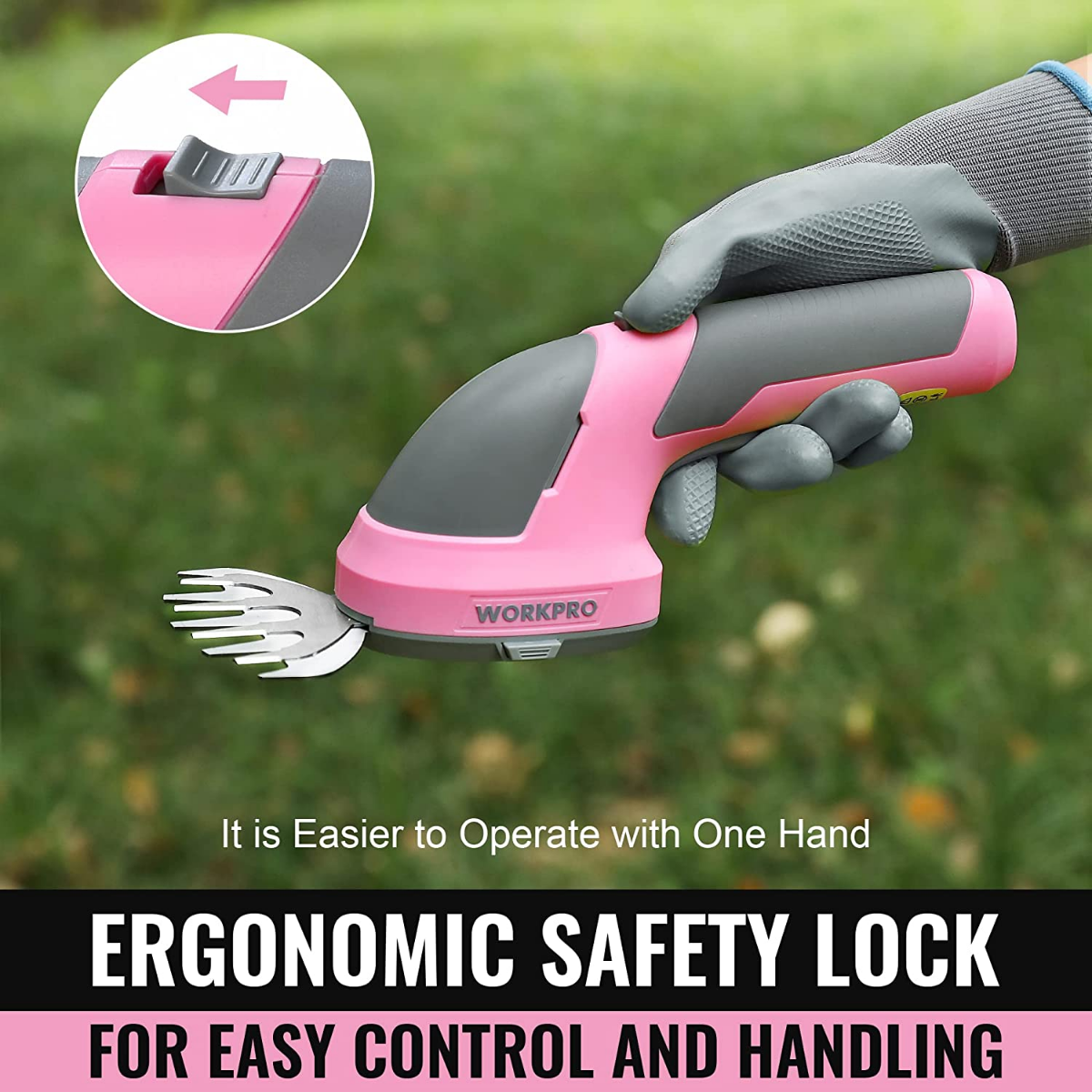 2-in-1 handheld electric trimmer, pink and dark gray body with grass cutter blade